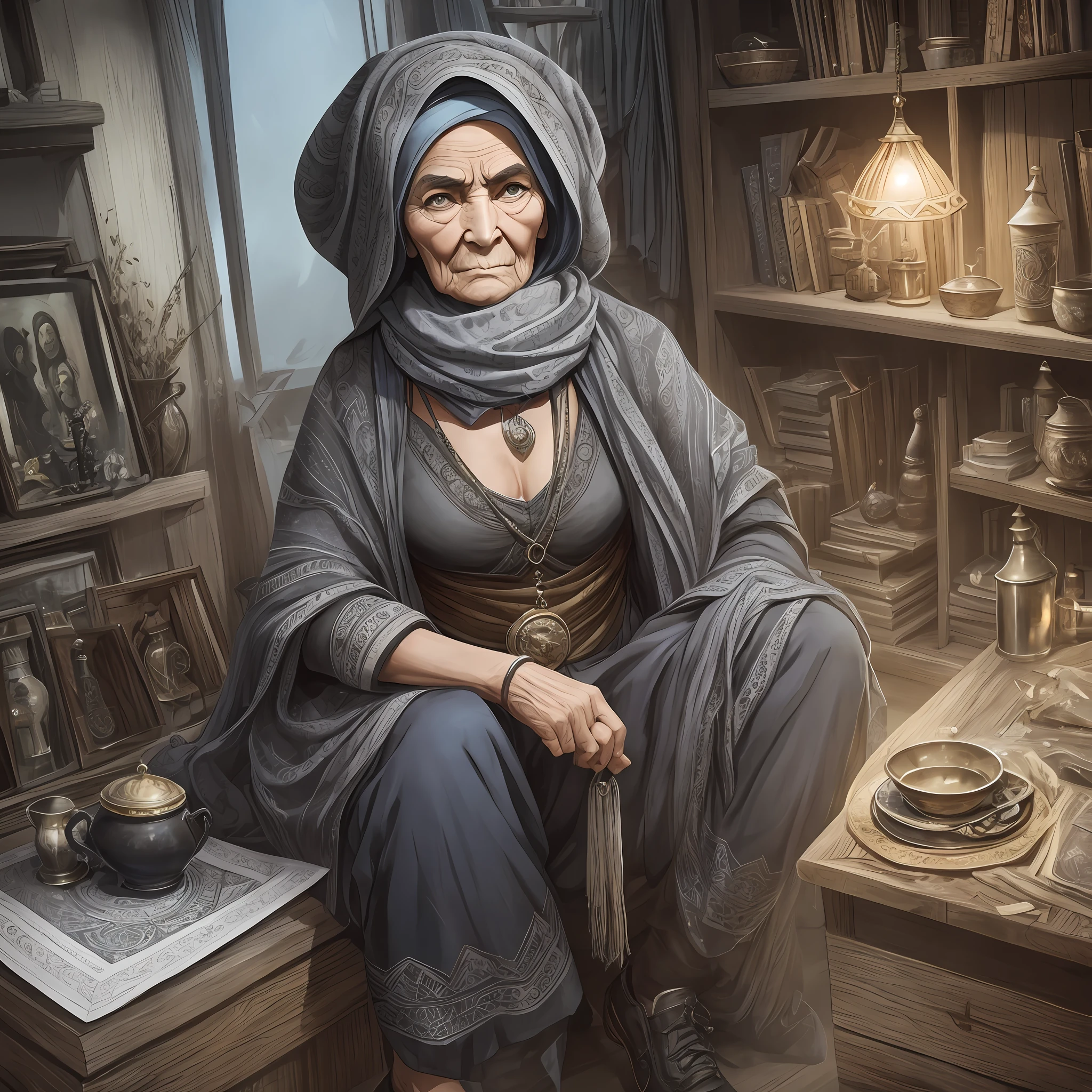 Akaarel, drawing, ultradetalized portrait, realistic fantasy, cgsociety, neal adams, assasin monkey, Baba Yaga is usually depicted as a large hunchbacked old woman with gray eyes, a large, long, hunchbacked and hooked nose, a powerful hairy chin, Sometimes they say about her "nose has grown into the ceiling." Her bony leg is also often mentioned. But what this means is not entirely clear, but it may indicate her connection to the underworld. In the popular print, she is dressed in an old gray plash, an old scarf, bast shoes and trousers are wrapped around her head, there is no emphasis on clothes, dark gray colors, kzhasy, vrlshebstvr,