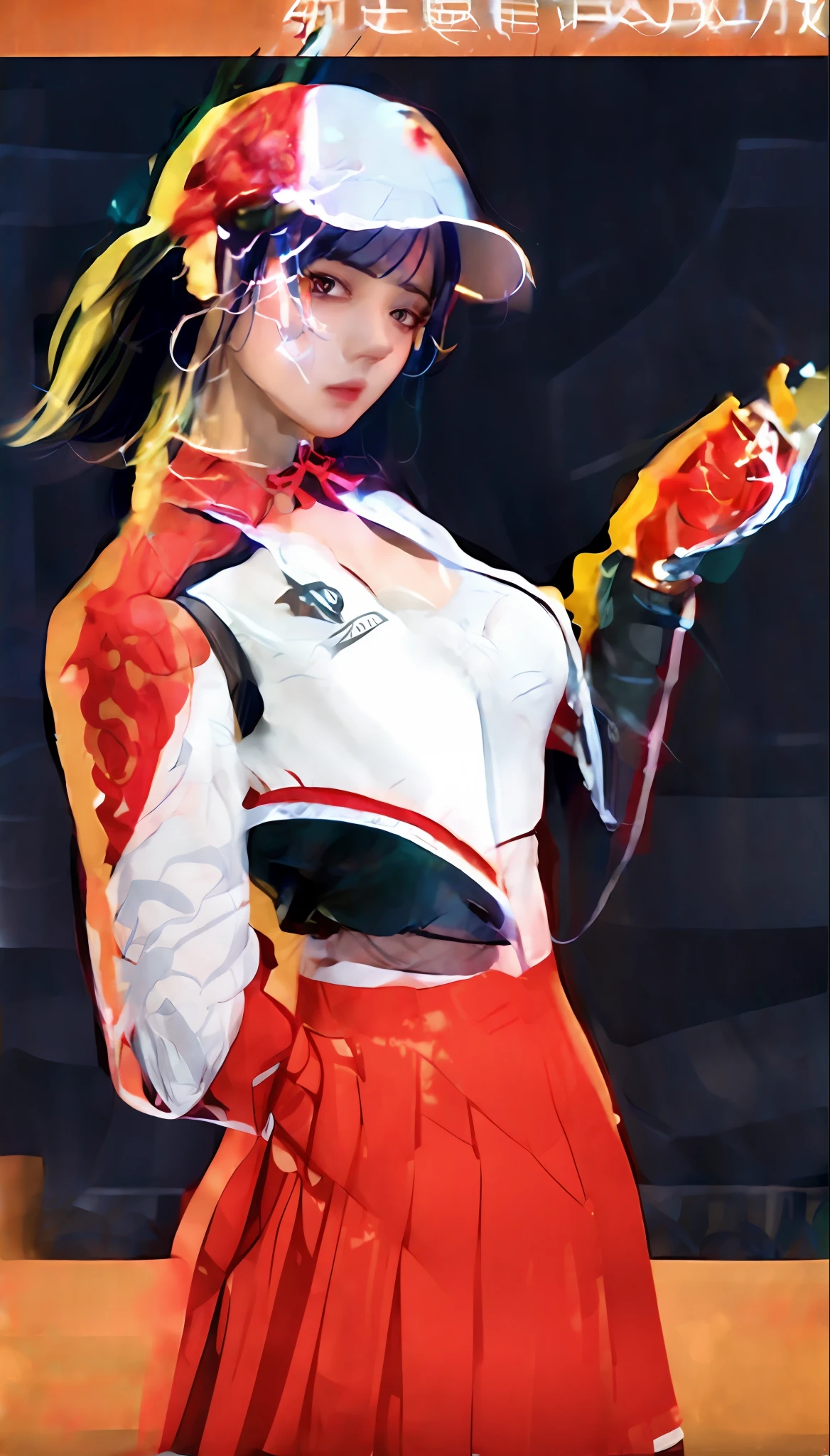 a close up of a woman in a red and white uniform, kda, senna from league of legends, full body xianxia, wearing cyberpunk 2 0 7 7 jacket, anya from spy x family, as overwatch character, smooth white tight clothes suit, red uniform, jk uniform, sun yunjoo, lovely brigitte from overwatch, as an overwatch character, xision wu