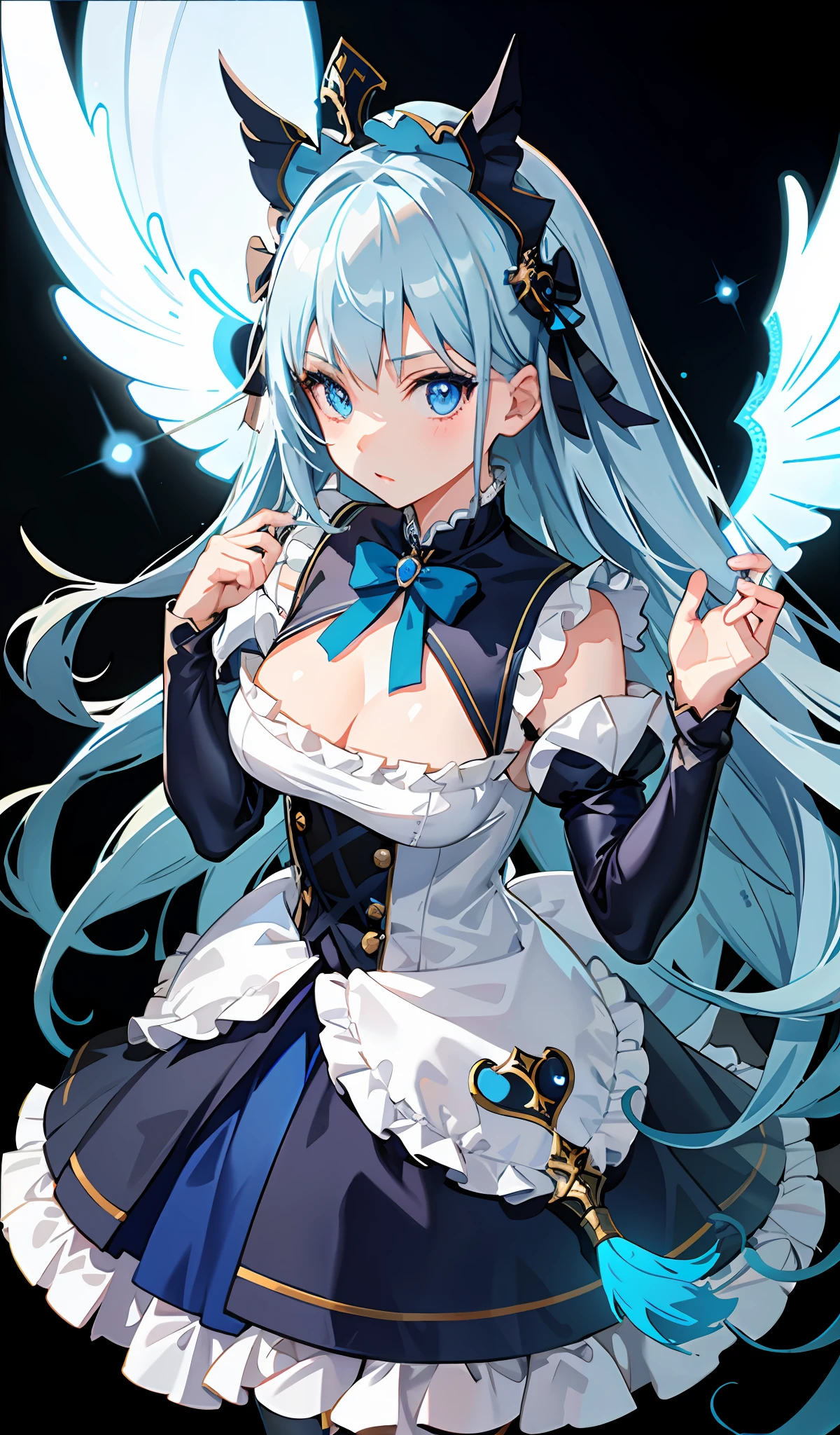 1girl, blue hair, tassels, blue eyes, mask on head, side light, light particles, illusory background, wallpaper, mid-chest, stockings, lolita shoes