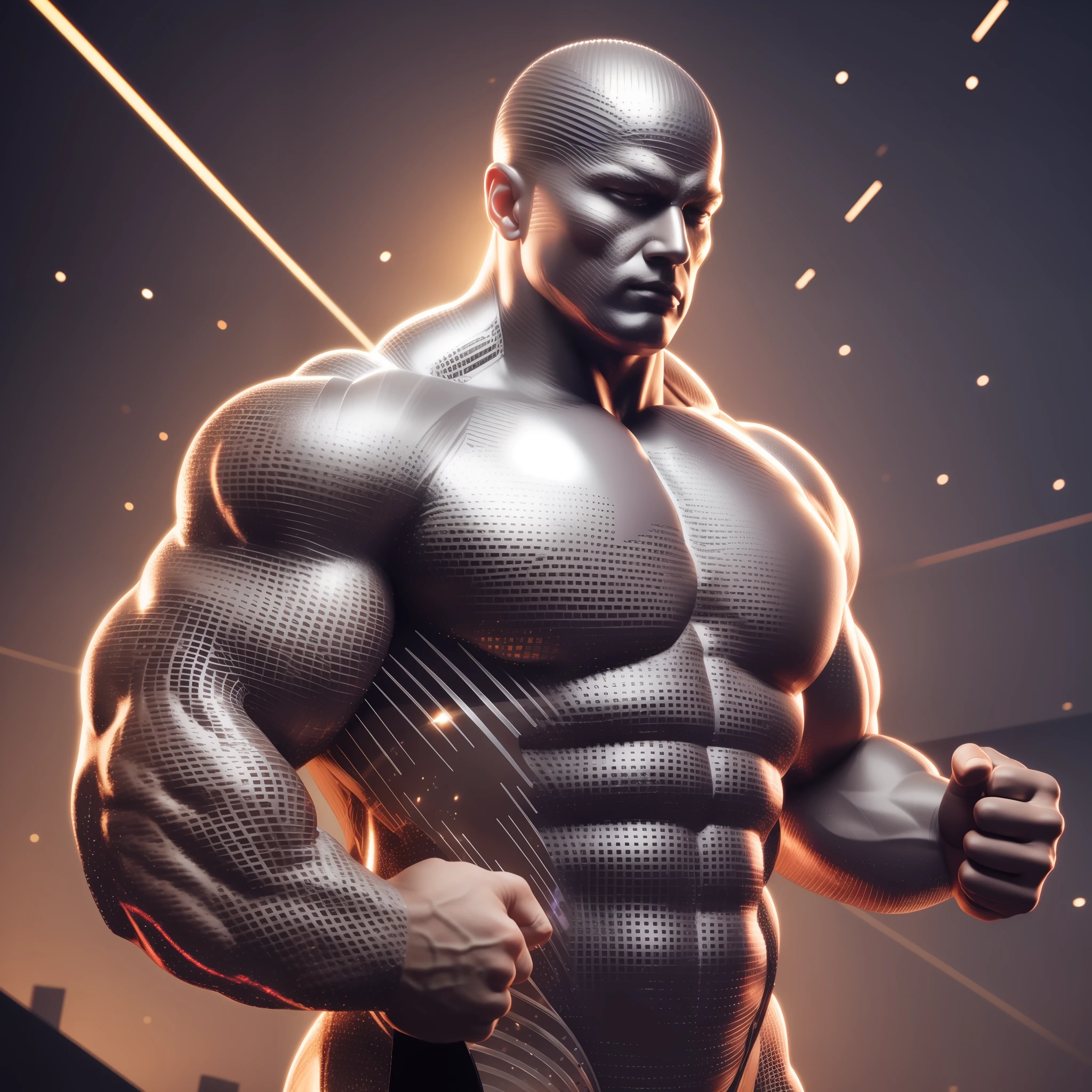 A huge muscular bodybuilder shape made of sound waves, three-dimensional, intricate, sparkling --auto --s2