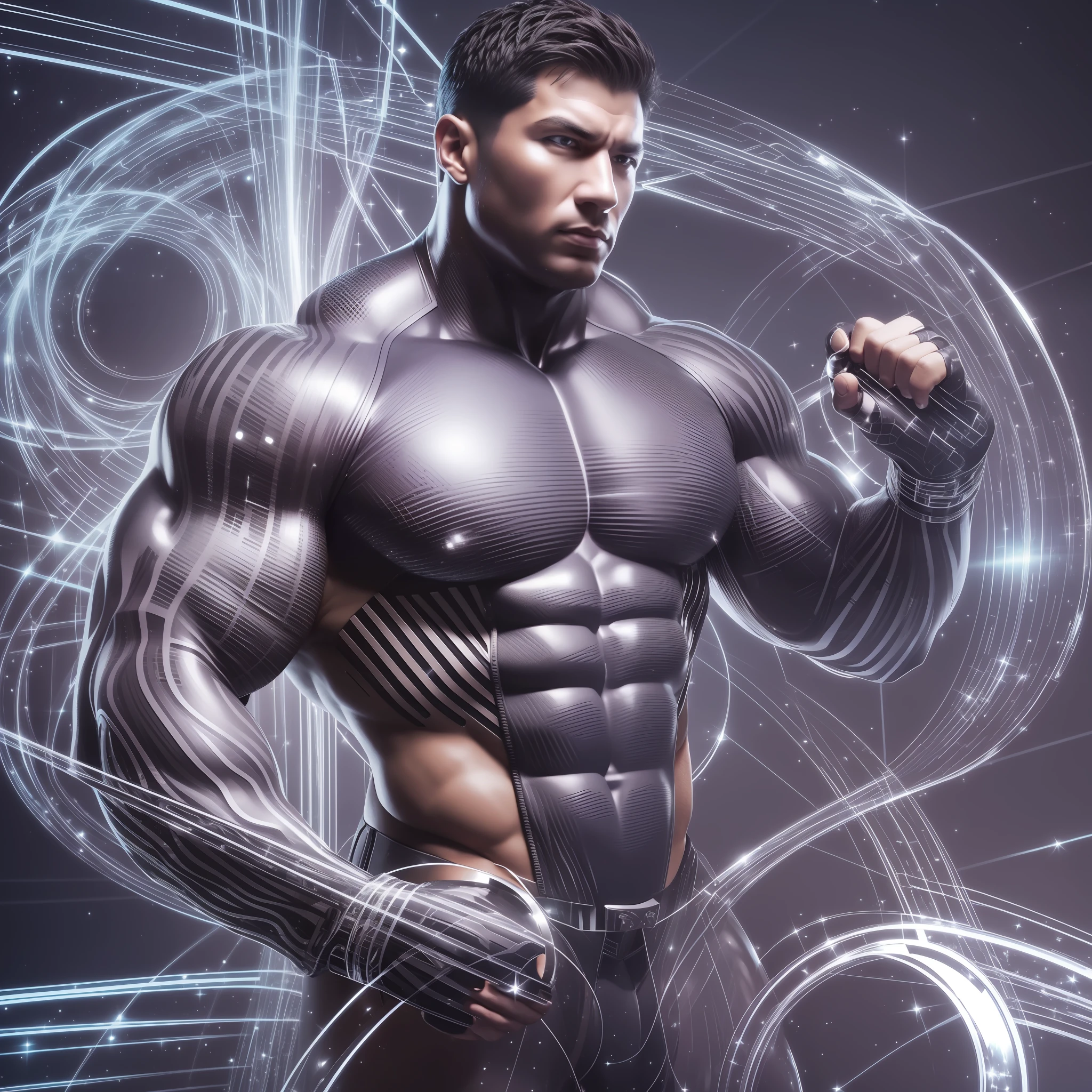 A huge muscular bodybuilder shape made of sound waves, three-dimensional, intricate, sparkling --auto --s2