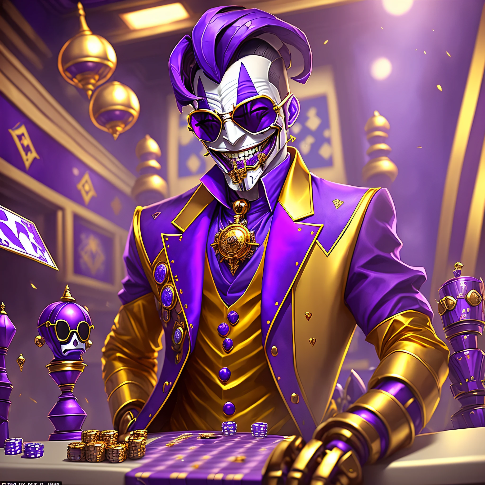 (Male: 1.3, Gold Teeth: 1.2, Robot: 0.9, Jester, Joker), (smile, purple shades), (looks at the viewer, casino décor in the background: 0.8, purple atmosphere: 0.8) --auto --s2