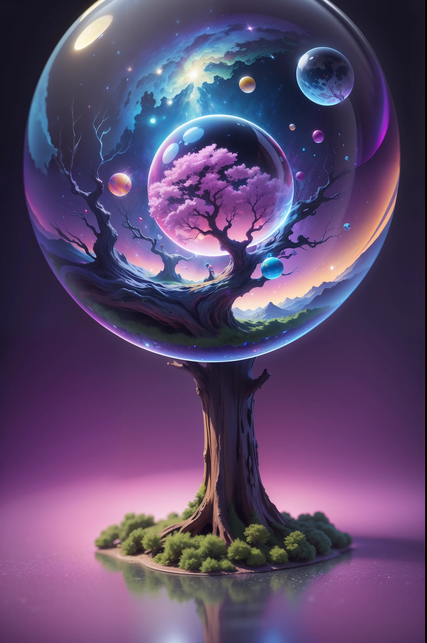 mini\(ttp\), (8k, RAW photo, best quality, masterpiece:1.2), colorful background, clean background, depth of field, world tree, cosmic tree, miniature, isometric, in Crystal ball,