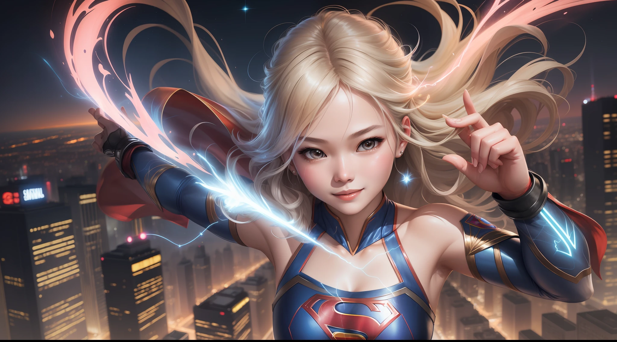Create a stylized, ultra detailed illustration art of Supergirl (art by Jeehyung Lee). In this image, (Supergirl should be in mid-flight, soaring above the city skyline in a cool pose: 1.3). Her pose is powerful and dynamic displaying her superhero abilities and confidence. Her costume is vibrant, contrasting with the cityscape below. Art by: Shunya Yamashita's. supergirl is emanating glowing electrifying energy around her. Electricity is covering grrç5using bold lines, intricate detailing, and a well-defined color palette. The final piece should be a compelling, UHD, 8K resolution image, post-processed for elegance and balanced lighting. Ultra detailed flowing hair, very detailed cute face smiling, oily skin, glossy skin, ultra reflective outfit, luminous energy in her hand. Cosmic energy tracers sync with her movements. Special effects