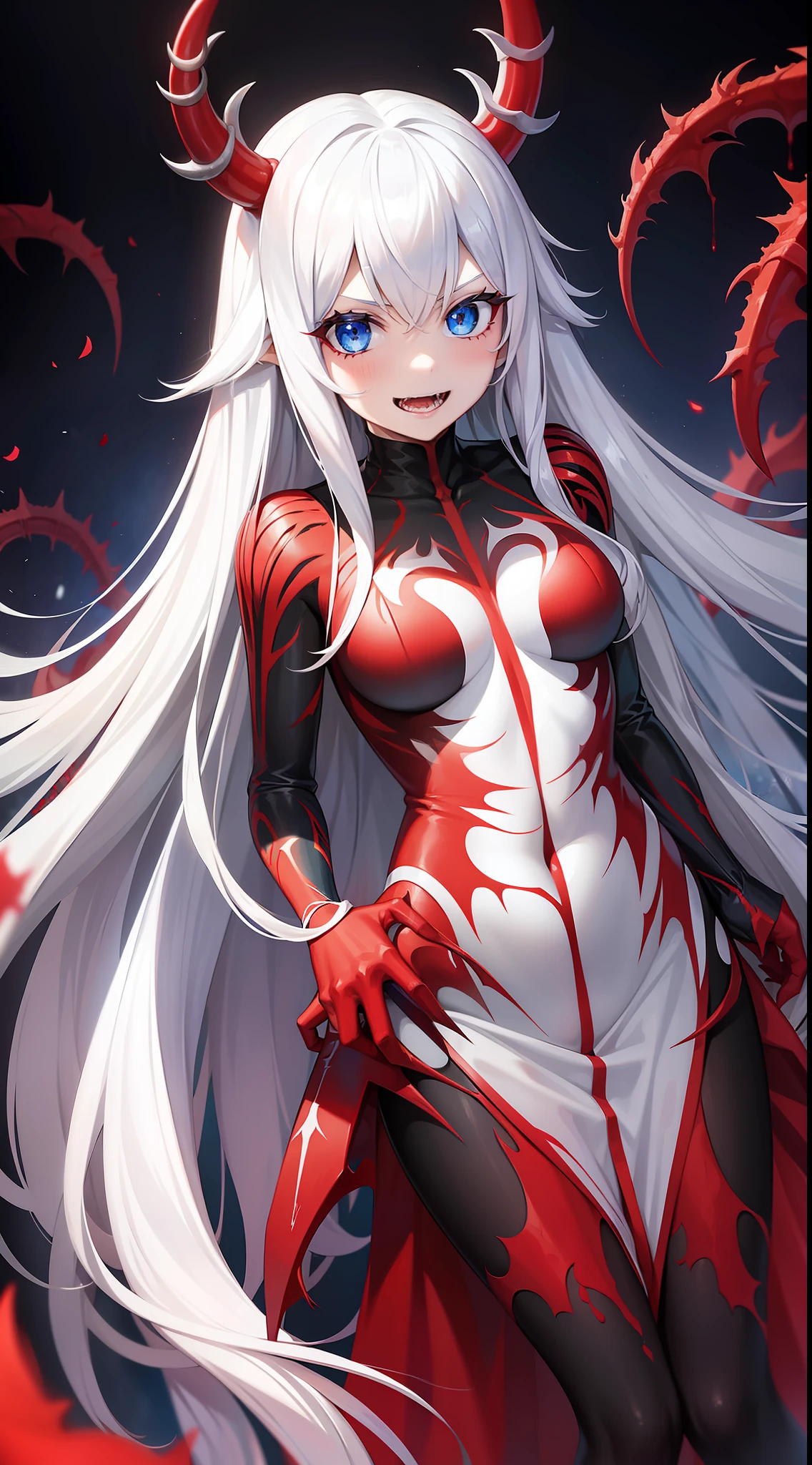 Young girl, long white hair, blue eyes, red symbiote costume, Venom, Carnage, crazy grin, blood, claws, masterpiece, high quality