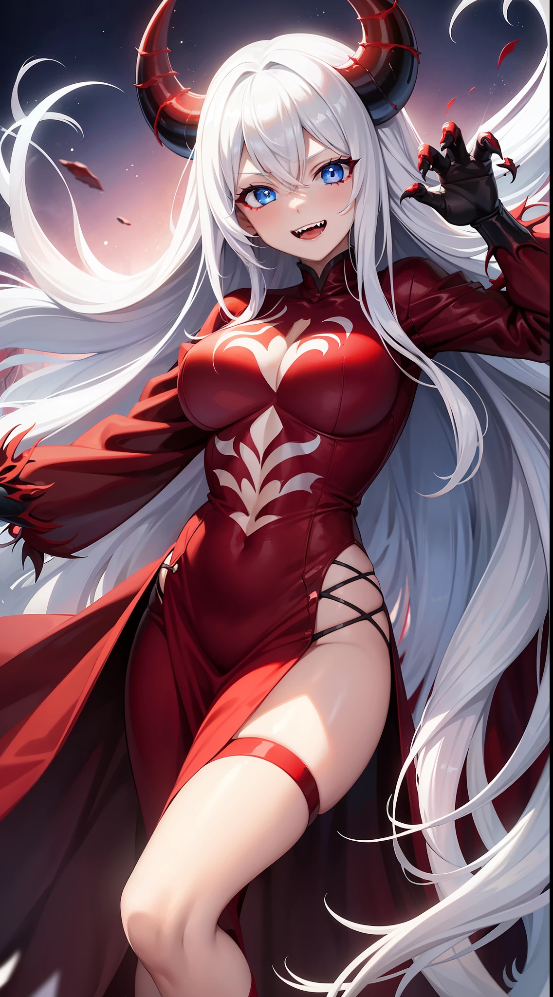 Young girl, long white hair, blue eyes, red symbiote costume, Venom, Carnage, crazy grin, blood, claws, masterpiece, high quality