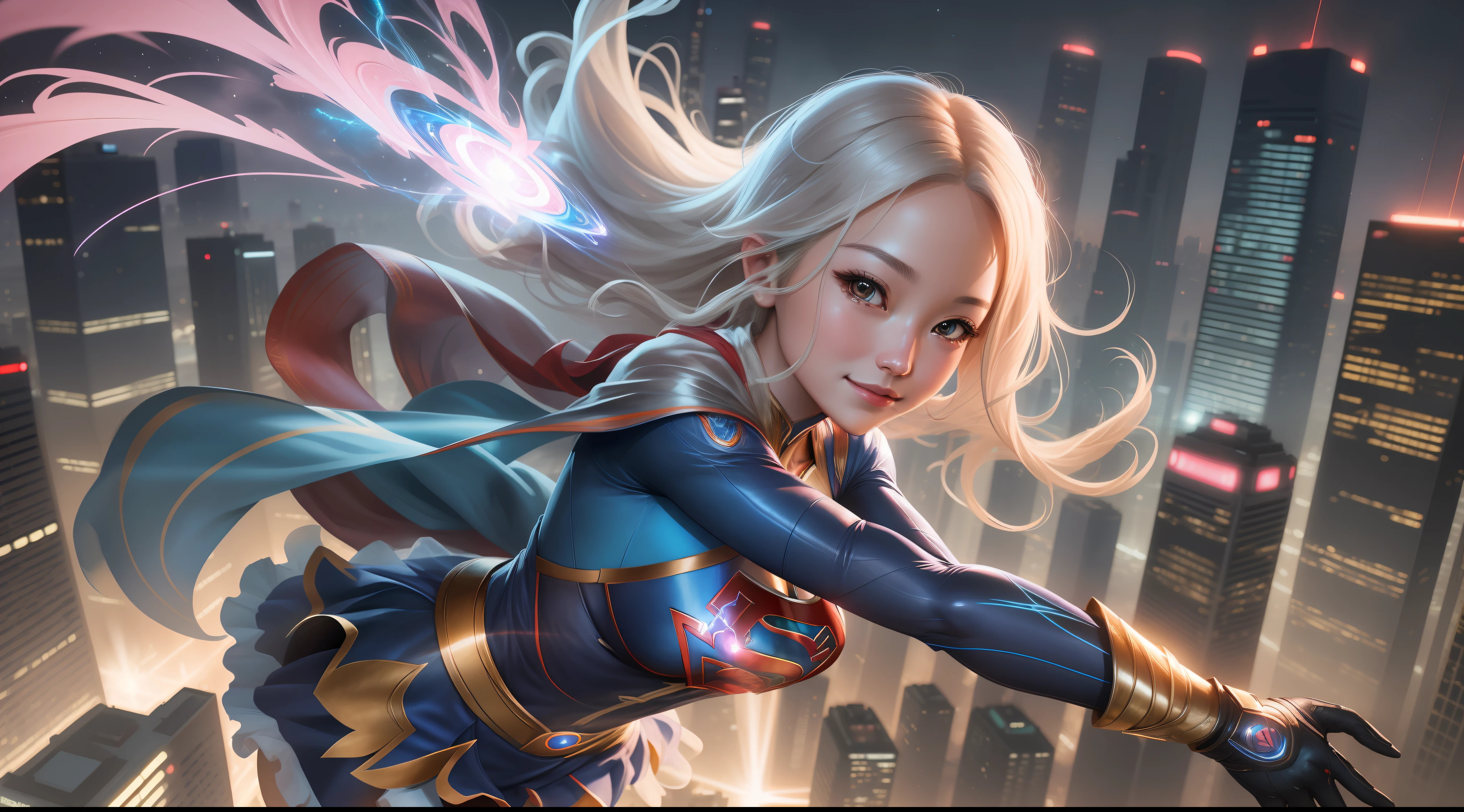 Create a stylized, ultra detailed illustration art of Supergirl (art by Jeehyung Lee). In this image, (Supergirl should be in mid-flight, soaring above the city skyline in a cool pose: 1.3). Her pose is powerful and dynamic displaying her superhero abilities and confidence. Her costume is vibrant, contrasting with the cityscape below. Art by: Shunya Yamashita's. supergirl is emanating glowing electrifying energy around her. Electricity is covering grrç5using bold lines, intricate detailing, and a well-defined color palette. The final piece should be a compelling, UHD, 8K resolution image, post-processed for elegance and balanced lighting. Ultra detailed flowing hair, very detailed cute face smiling, oily skin, glossy skin, ultra reflective outfit, luminous energy in her hand. Cosmic energy tracers sync with her movements. Special effects