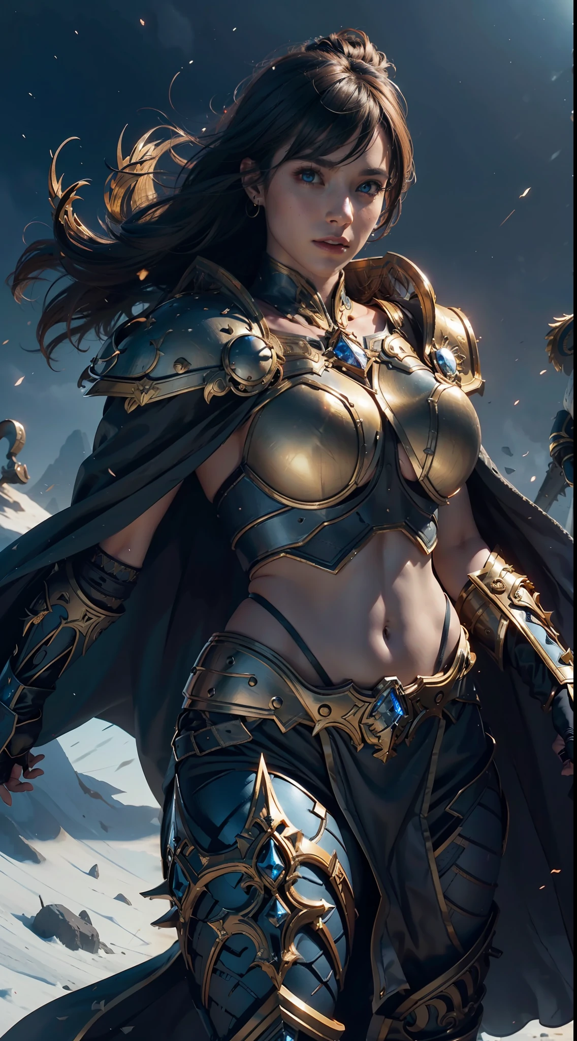 8k,ultra detailed, masterpiece, best quality, (extremely detailed), dynamic angle, Mysterious expression, wind effect, fantasy background, rim lighting, cinematic light, ultra high res, 8k uhd, film grain,best shadow, delicate, RAW, light particles, detailed skin texture, detailed armor texture, detailed face, intricate details, ultra detailed, bright, strong, (perfect boobs), golden armor, (exposed belly, exposed thighs), (holding hammer), smashing, smash action, pauldrons, glowing eyes, long cape, fantasy, (realistic), shoulder armor, complex, intricate, perfect lighting, looking at viewer, cinematic lighting, flying in sky,flying, holy light, vivid, bangs, windy