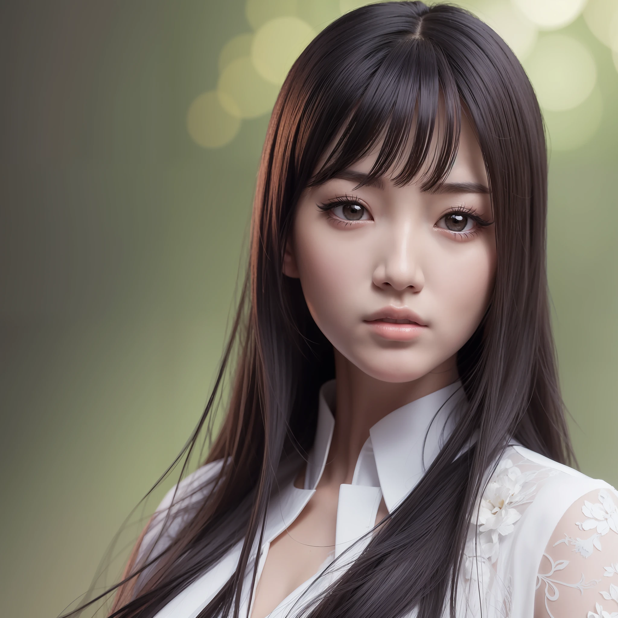 Oriental woman, super realistic details, 8k, long black hair, high heels, short skirt, white shirt, depth of field, super realistic background, detailed facial features,