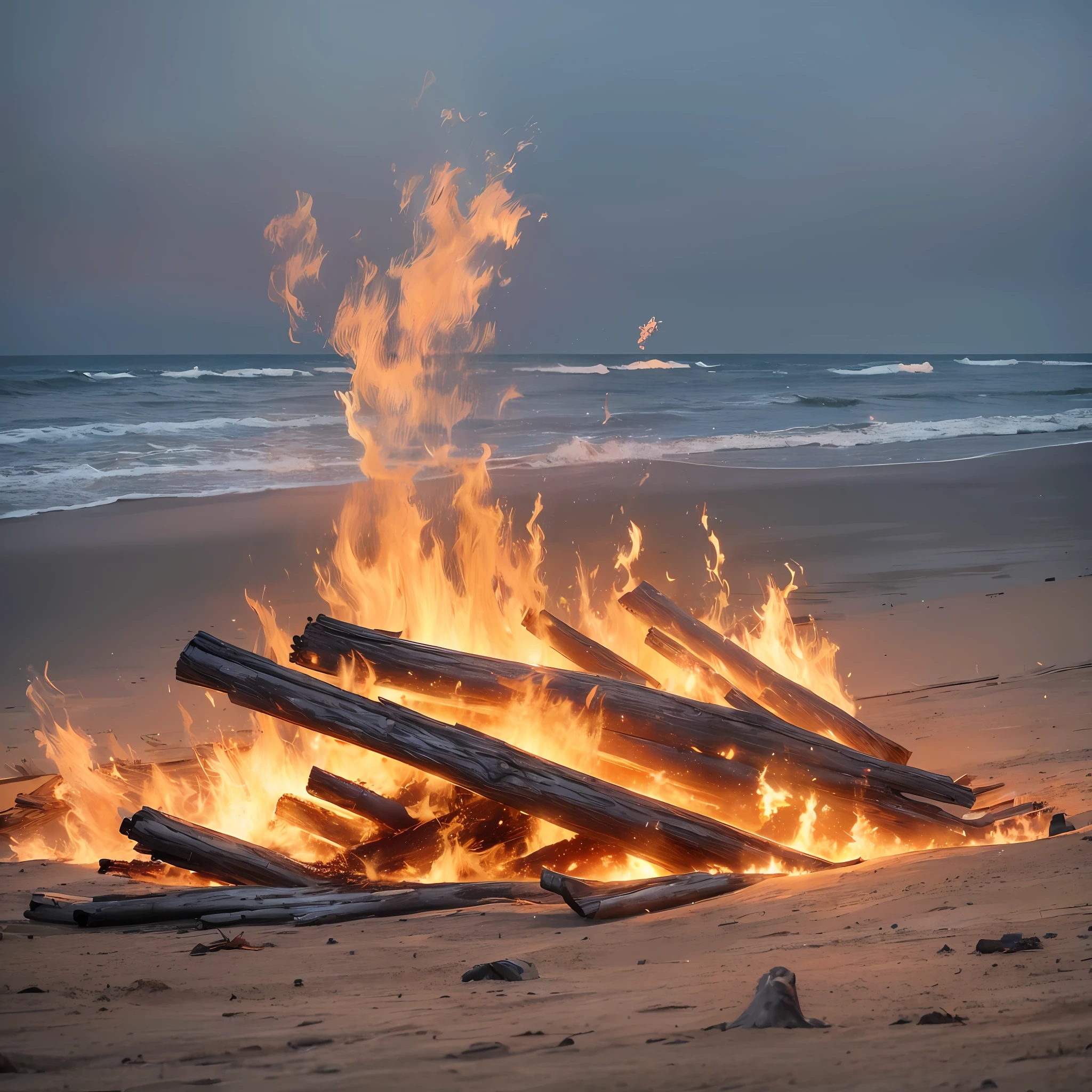 ((Best quality, 8k, Masterpiece: 1.4)), (Sharp focus: 2.3, highly detailed). Large bonfire, with many pieces of wood, strong, large and intense flames, the bonfire is located on a deserted beach --auto --s2