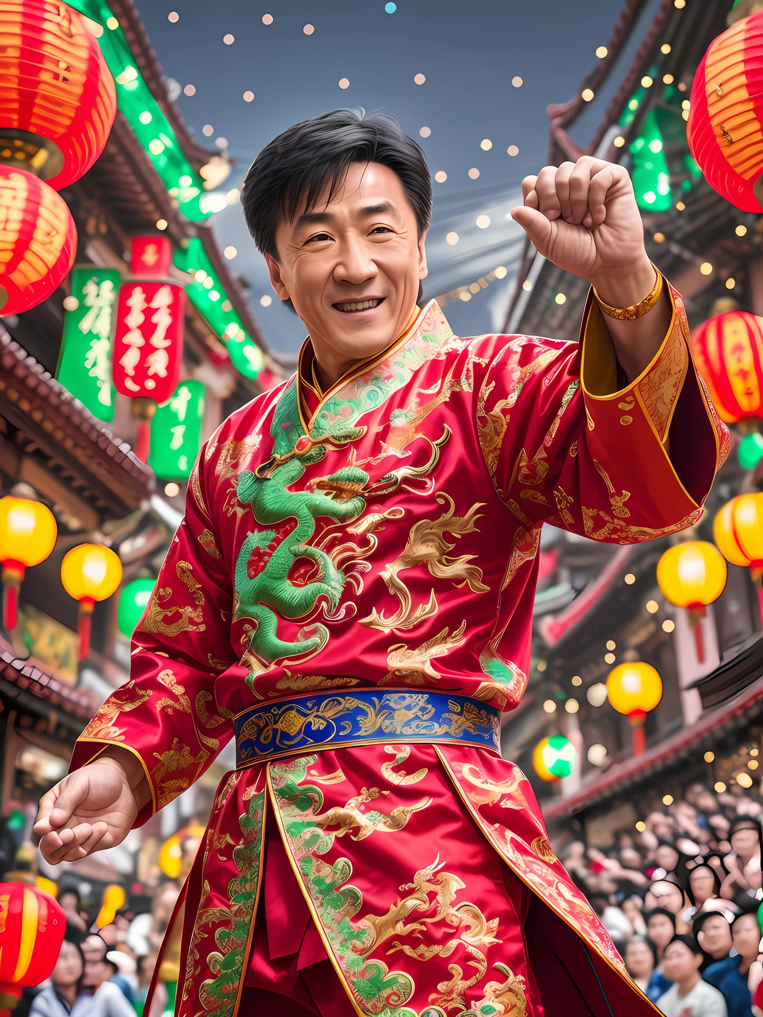 Masterpiece Photography Ultra Realistic Description: Jackie Chan, the renowned martial artist and actor, captivates in this hyper-realistic 4K photograph. He defies expectations by wearing a vibrant, traditional Chinese dragon costume, standing in the midst of a colorful lantern festival. The unexpected fusion of cultural attire and festive ambiance creates a visually enchanting composition. With his signature smile and playful demeanor, he exudes a sense of joy and exuberance. The hyper-realistic portrayal captures the intricate details of the dragon costume and the lively atmosphere of the lantern festival, evoking a sense of cultural celebration and lively energy.