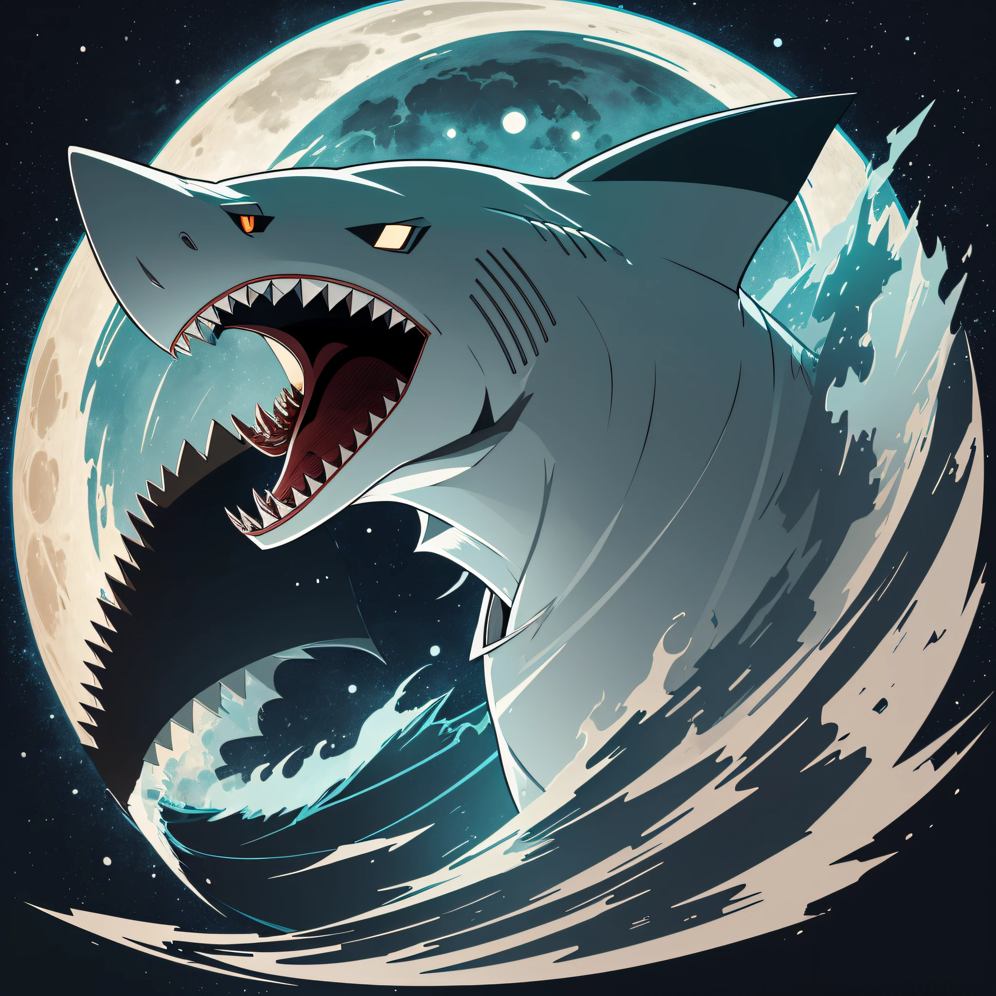 Silver Shark Howling at the Moon, Beautiful colors, pencil sketches, Vector illustration, Cel shaded, Flat, 2D, style of dan matutina, In the style of studio ghibli, Art by Hiroshi Saitō, bold lines, Bold the drawing lines, Amazing details, One character --auto --s2