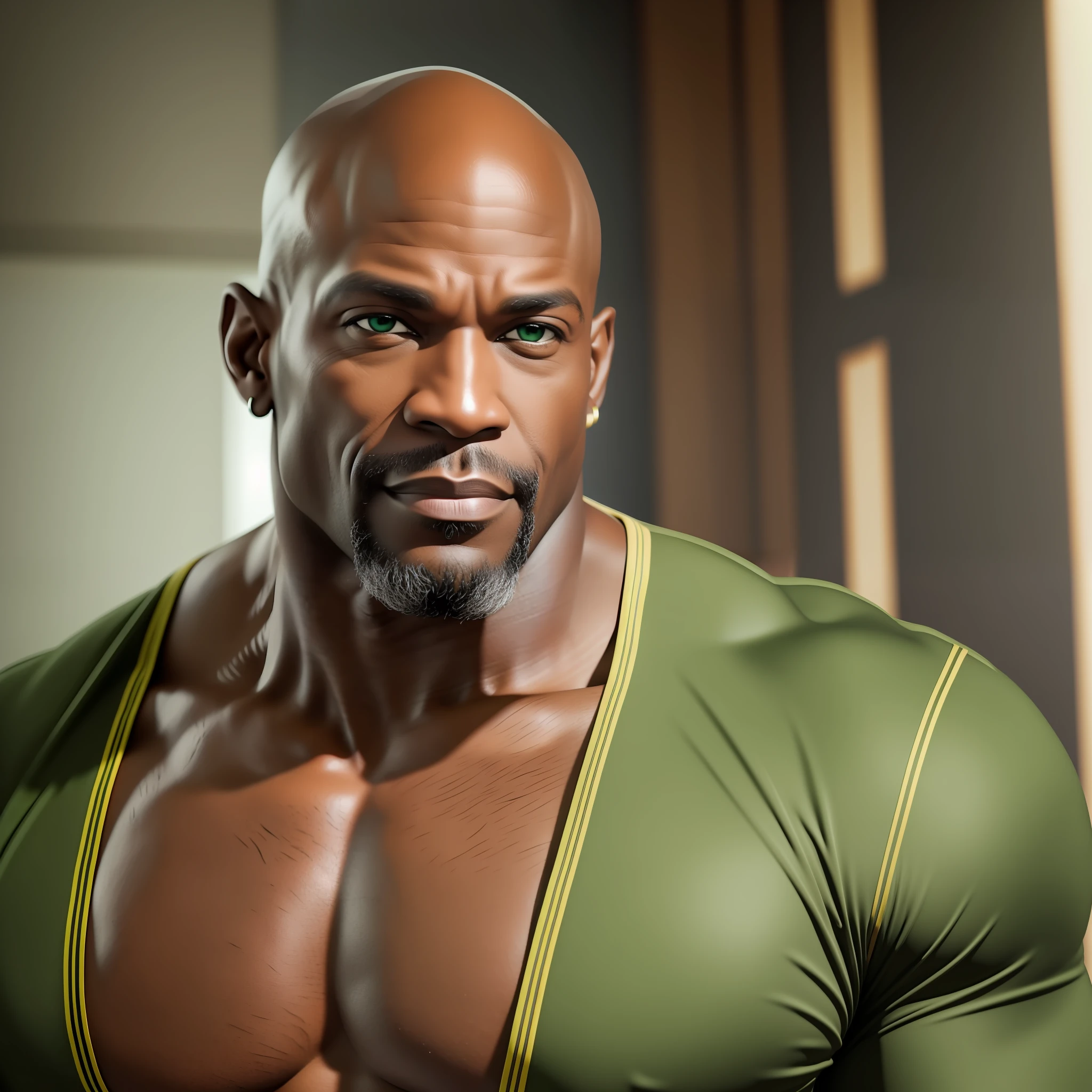 add_detail:1, realistic image of a black man bald 50 years old with beautiful green eyes, muscular and strong, wearing only a Bermuda, bodybuilder, showing his huge muscles, low key