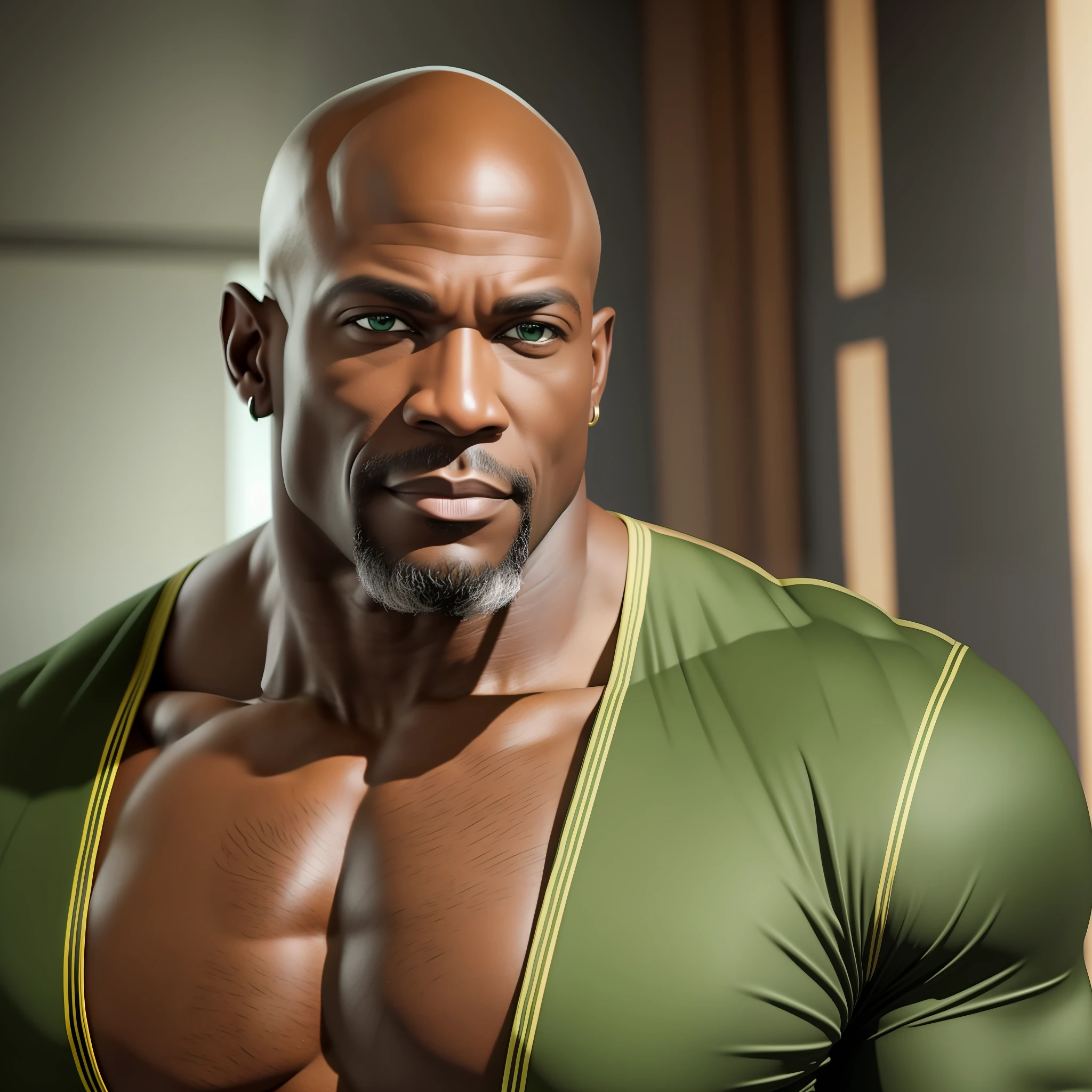 add_detail:1, realistic image of a black man bald 50 years old with beautiful green eyes, muscular and strong, wearing only a Bermuda, bodybuilder, showing his huge muscles, low key