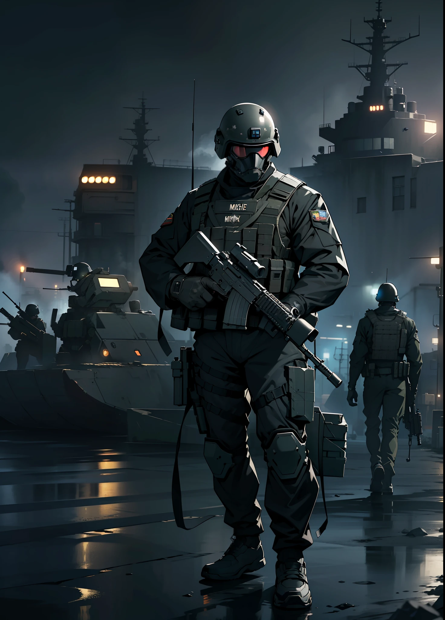 (extremely detailed 8k wallpaper), masterpiece, dark theme, adult theme, (((many elite military squad men in operation))), black suit of real special operations, machine guns, helmets with sensors and night vision, invading docks, dramatic lighting