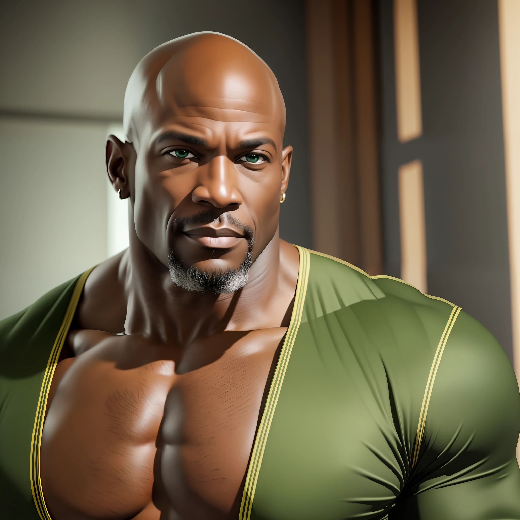 add_detail:1, realistic image of a black man bald 50 years old with beautiful green eyes, muscular and strong, wearing only a Bermuda, bodybuilder, showing his huge muscles, low key