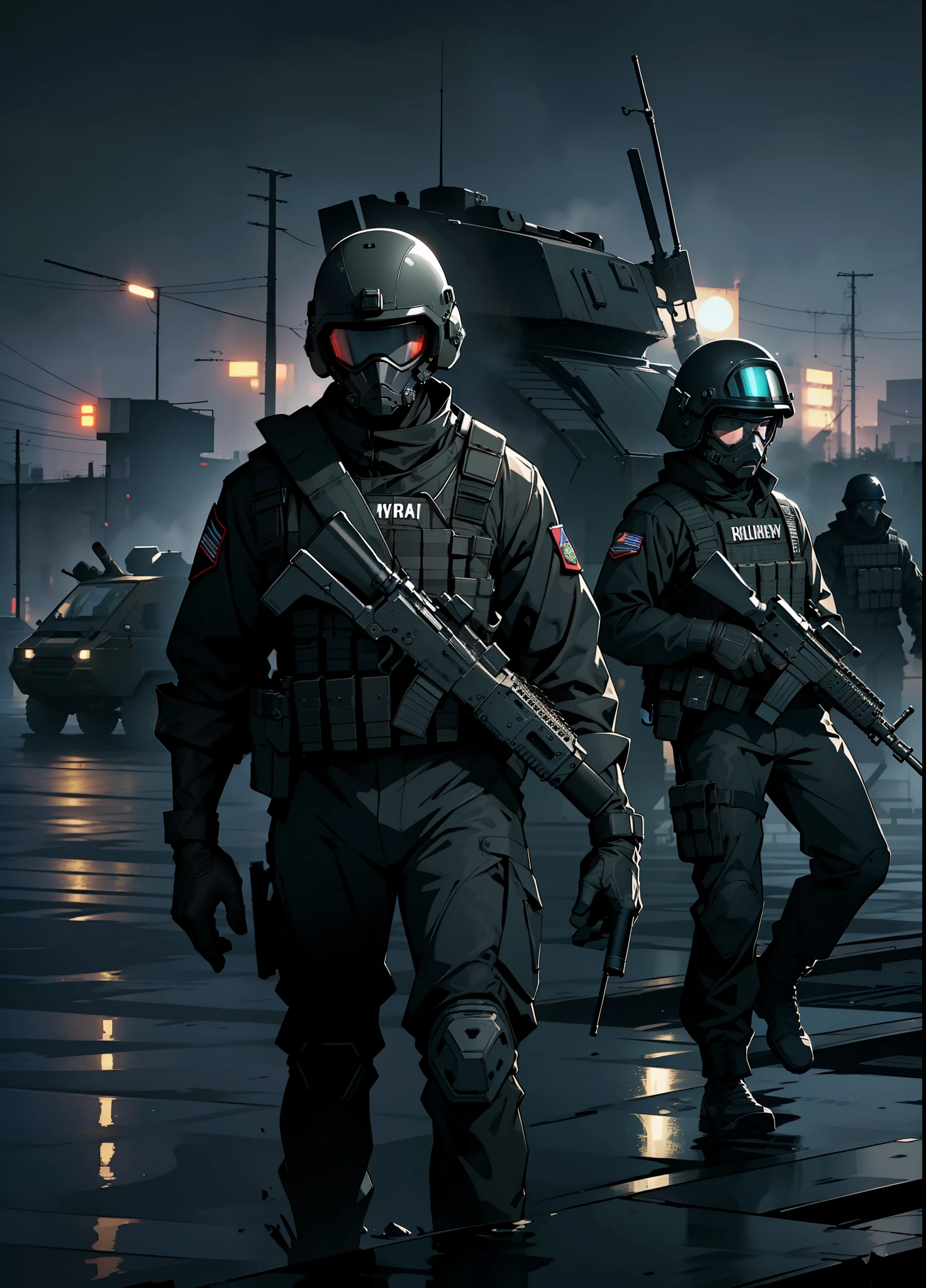 (extremely detailed 8k wallpaper), masterpiece, dark theme, adult theme, (((many elite military squad men in operation))), black suit of real special operations, machine guns, helmets with sensors and night vision, invading docks, dramatic lighting