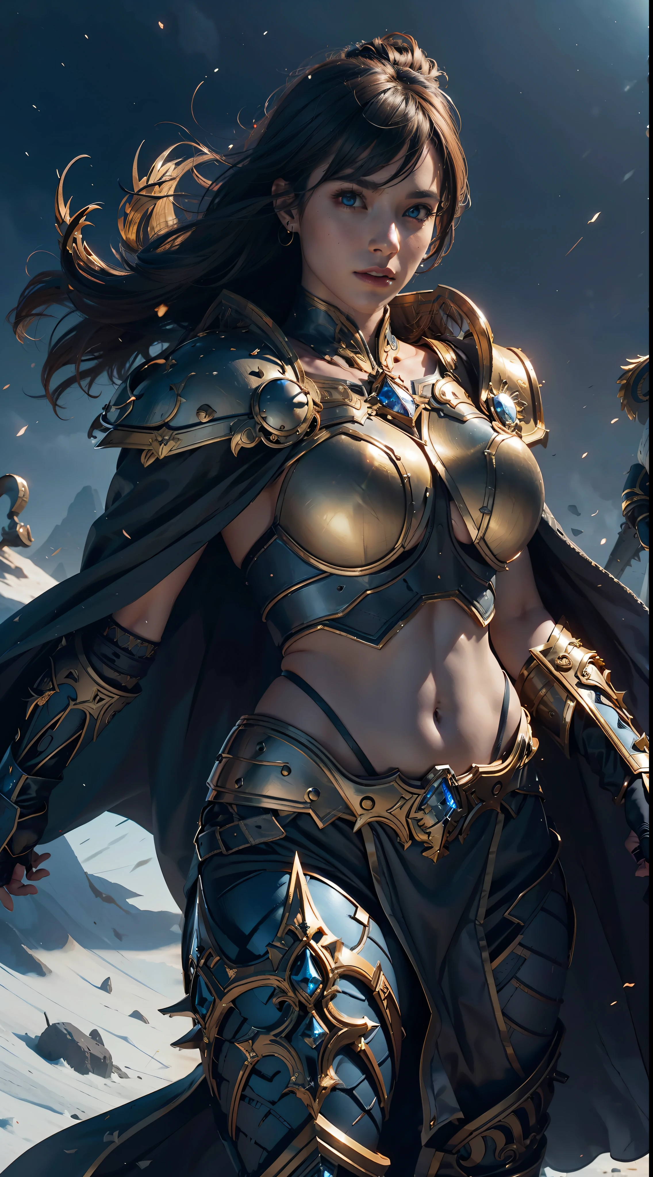 8k,ultra detailed, masterpiece, best quality, (extremely detailed), dynamic angle, Mysterious expression, wind effect, fantasy background, rim lighting, cinematic light, ultra high res, 8k uhd, film grain,best shadow, delicate, RAW, light particles, detailed skin texture, detailed armor texture, detailed face, intricate details, ultra detailed, bright, strong, (perfect boobs), golden armor, (exposed belly, exposed thighs), (holding hammer), smashing, smash action, pauldrons, glowing eyes, long cape, fantasy, (realistic), shoulder armor, complex, intricate, perfect lighting, looking at viewer, cinematic lighting, flying in sky,flying, holy light, vivid, bangs, windy