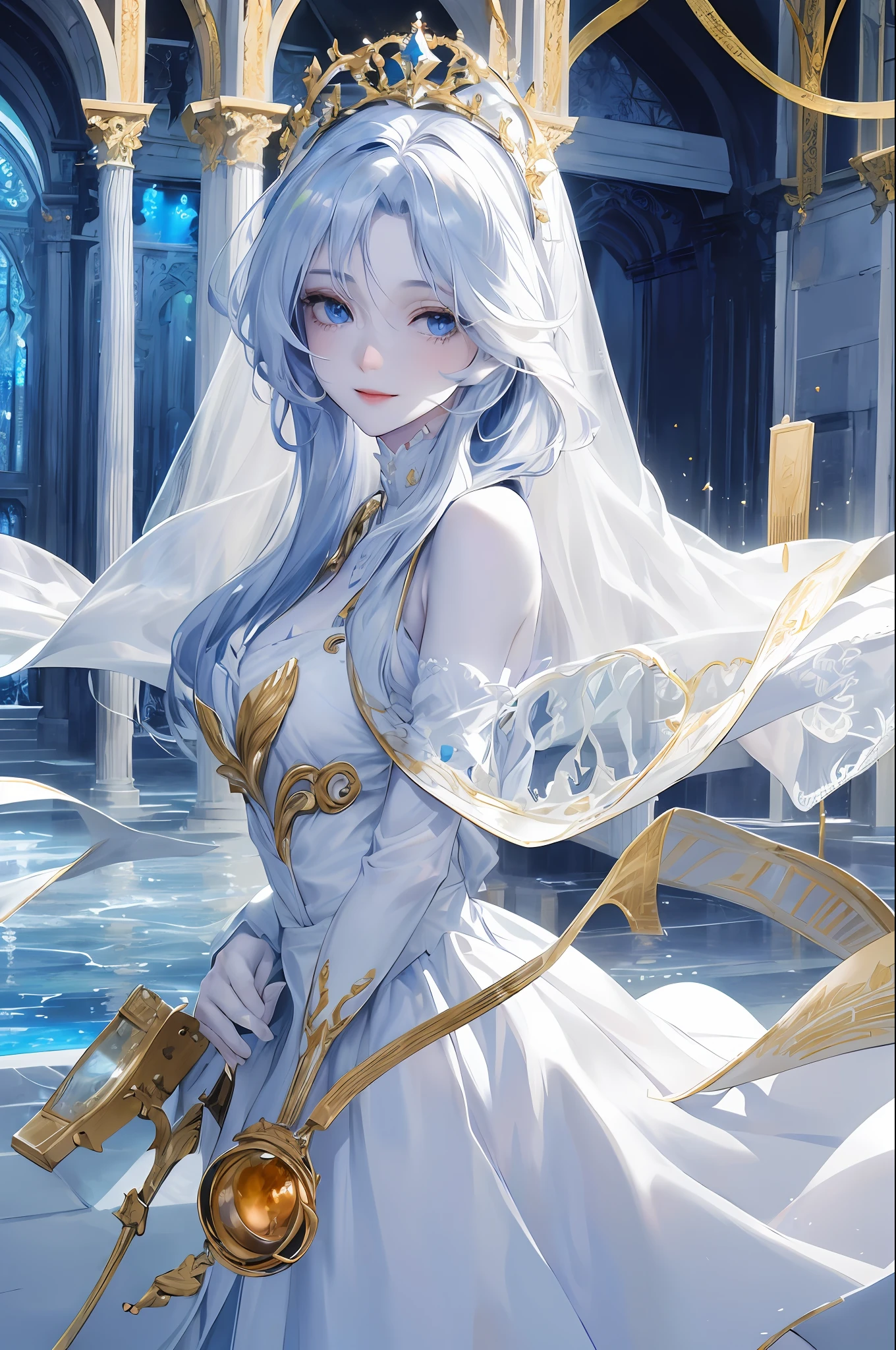 Official Art, Masterpiece, Sharp Focus, (Beautiful gorgeous cute woman:1.3), (Beautiful cute woman:1.3), delicate and beautiful hair and eyes and face, realistic, very detailed, beautiful woman, blue sky, (side light:1.2), sunlight, white clouds, delicate clouds, thin, ((smile with eyes, open eyes)), landscape, long straight hair, building, (vision view:1.7), dynamic hair, detailed platinum black hair, shining blue eyes, long white dress without exposure, Pale skin, gold decorations, majestic temple scenery, sacred atmosphere, white veil