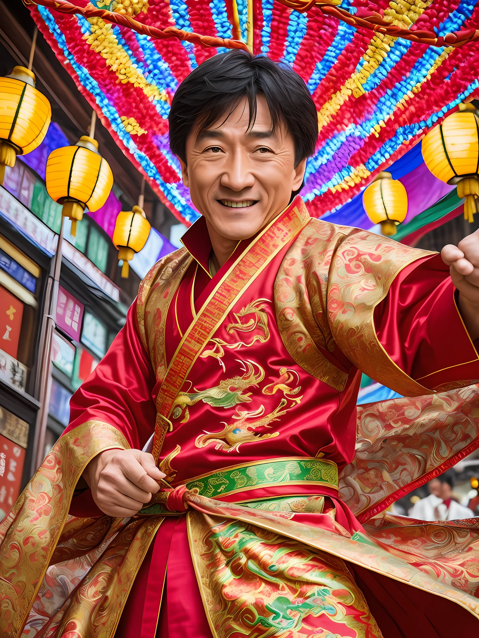 Masterpiece Photography Ultra Realistic Description: Jackie Chan, the renowned martial artist and actor, captivates in this hyper-realistic 4K photograph. He defies expectations by wearing a vibrant, traditional Chinese dragon costume, standing in the midst of a colorful lantern festival. The unexpected fusion of cultural attire and festive ambiance creates a visually enchanting composition. With his signature smile and playful demeanor, he exudes a sense of joy and exuberance. The hyper-realistic portrayal captures the intricate details of the dragon costume and the lively atmosphere of the lantern festival, evoking a sense of cultural celebration and lively energy.