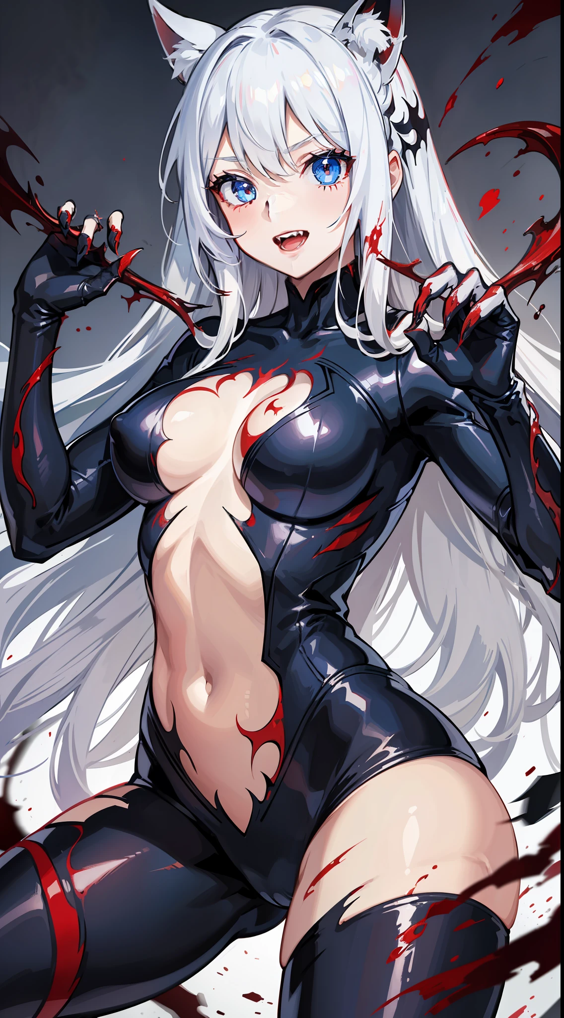 Young girl, long white hair, blue eyes, red symbiote suit, Venom, Carnage, crazy grin, blood, claws, masterpiece, high quality, open belly