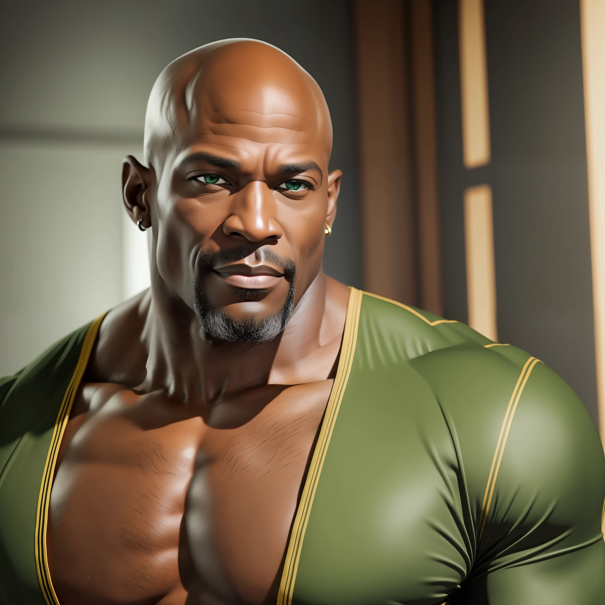 add_detail:1, realistic image of a black man bald 50 years old with beautiful green eyes, muscular and strong, wearing only a Bermuda, bodybuilder, showing his huge muscles, low key
