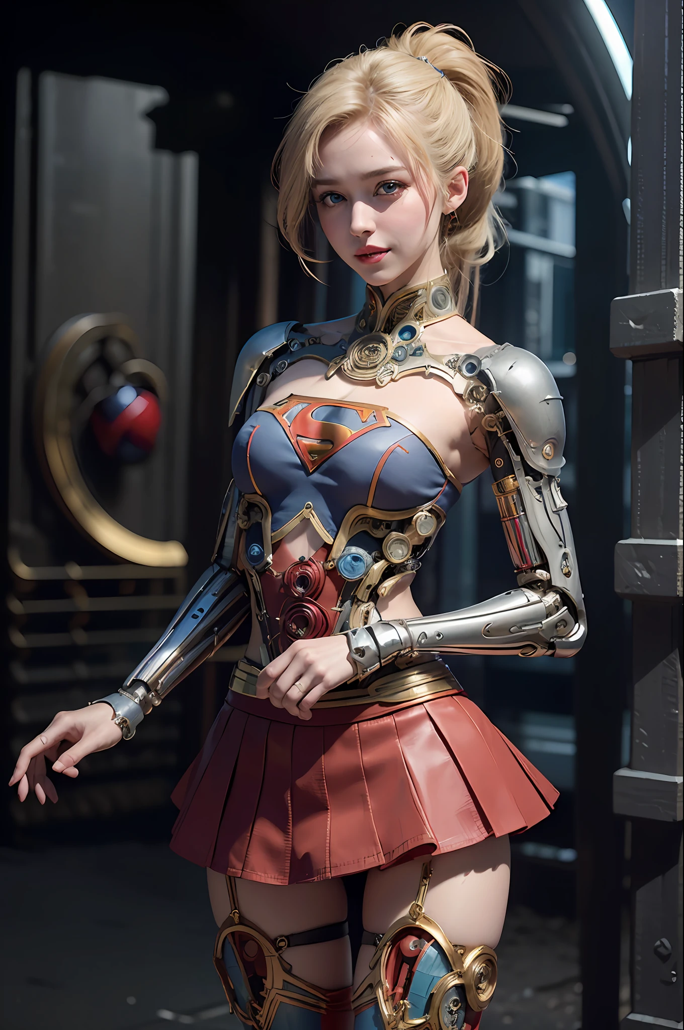 official art, unity 8k wallpaper, ultra detailed, beautiful and aesthetic, beautiful, masterpiece, best quality, (zentangle, mandala, tangle, entangle), 1girl, ((full pose)), ((supergirl)), skin tight top, (panty), (((red mini skirt))), red cape, (camel toe), single ponytail, open leg pose, extra long blonde ponytail, blonde hair, (detailed blue eyes), (smiling), ((flying in sky:1.4)) (complicated ultra detailed enchanted city landscape:1.3), small_breasts, red thigh highs boots,  reelmech, (mechanical parts:1.5), cyborg, robotic parts, luxurious cyberpunk