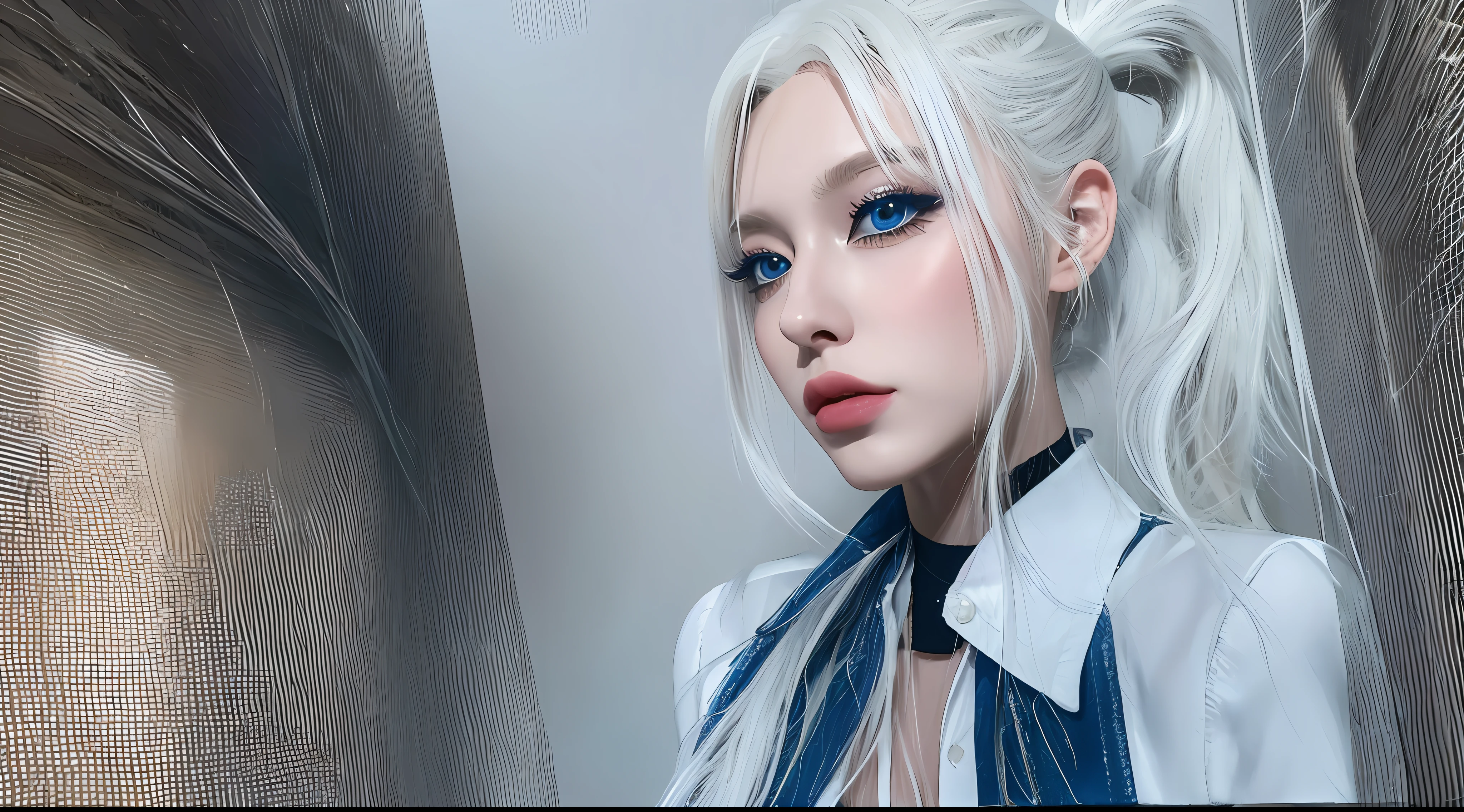 Best Quality, 8K, Masterpiece, Realistic, High Resolution, 1 girl, ponytail white hair, European, blue eyes, shirt white, skinny black jeans, slim waist, hips, long eyelashes, eye shadow
