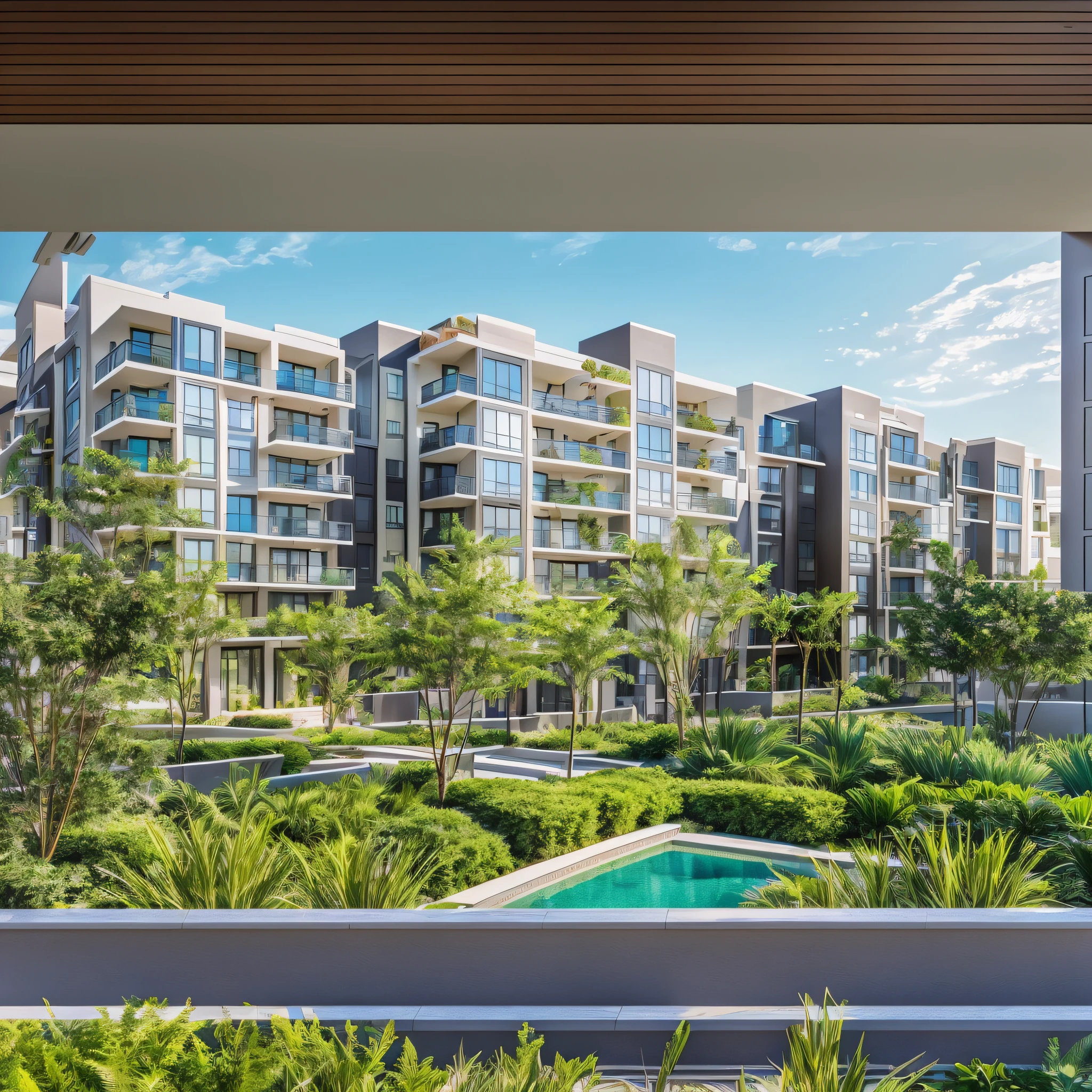 Create a captivating image for the homepage of a condo management website, featuring a contemporary condo building with people, lush greenery, and cozy lighting to evoke a sense of comfort and community. Landscape format --auto --s2