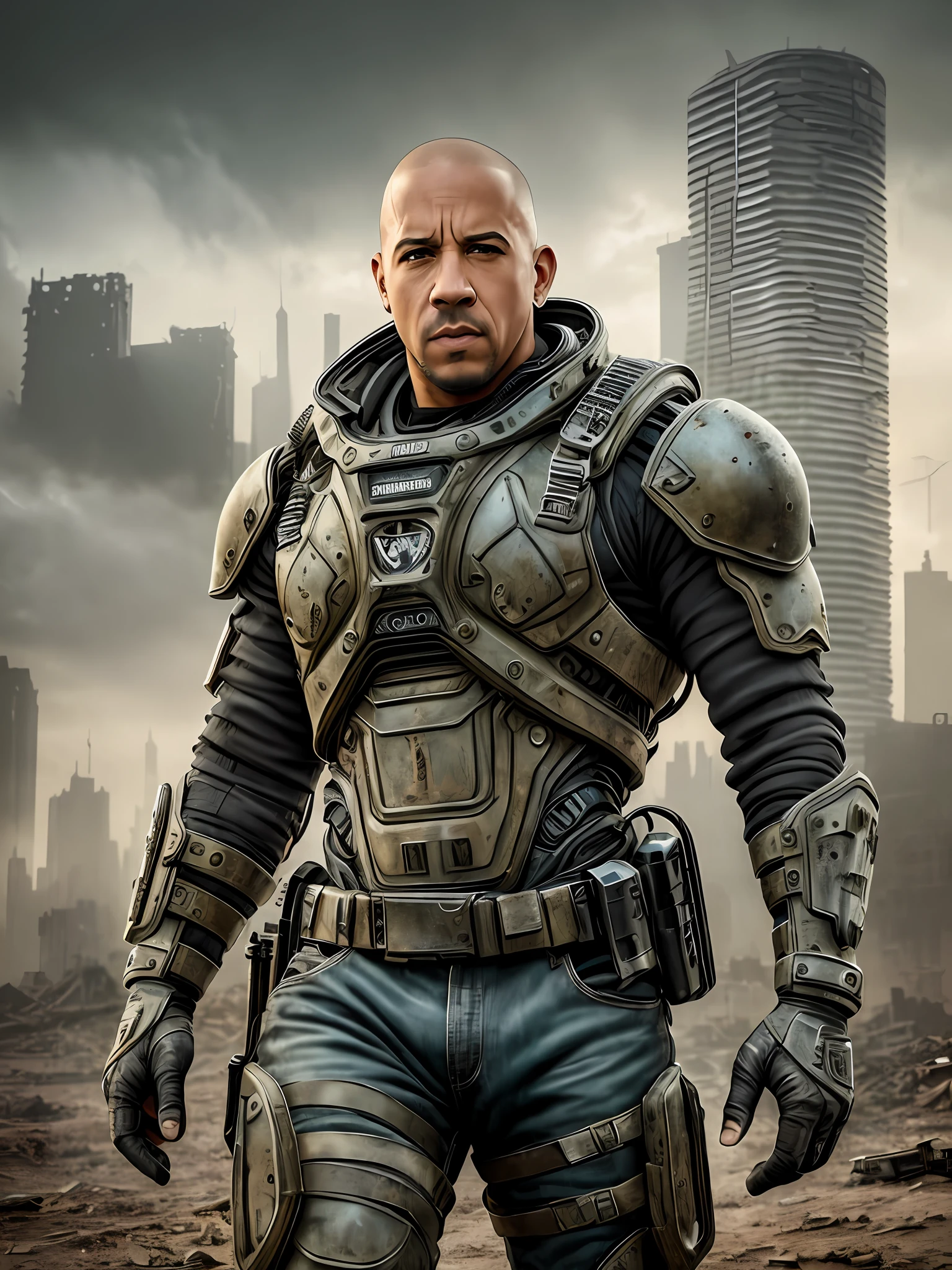 Masterpiece Photography Ultra Realistic Description: Vin Diesel, the charismatic action star, captivates in this hyper-realistic 4K photograph. He defies expectations by wearing a futuristic exoskeleton suit, standing amidst a post-apocalyptic wasteland with crumbling skyscrapers and swirling dust storms. The unexpected fusion of advanced technology and a desolate landscape creates a visually striking composition. With his intense gaze and rugged demeanor, he exudes a sense of survival and determination. The hyper-realistic portrayal captures the intricate details of the exoskeleton suit and the gritty atmosphere of the wasteland, evoking a sense of dystopian adventure and gritty heroism.