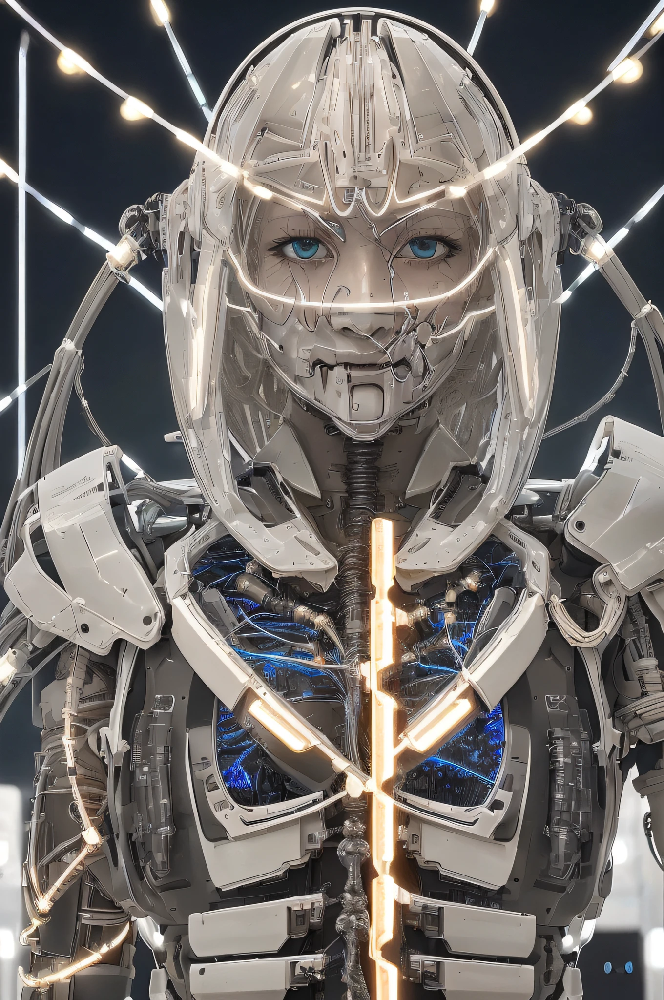 Wears complex bioluminescent mechanical cyborg armor made of 1mechanical_girl (old plastic in white beige), ((Ultra-realistic details)), detailed_face, global_illumination, shadow, octane_render, 8k, ultra_sharp, metal, ornaments_ detailed、cold_colors、egypician_detail、highly_intricate_details、realistic_light、trending_on_cgsociety、glowing_eyes、facing_camera、neon_details、machanical_limbs、blood_ vessels_connected_to_tubes ((lot_wires_and_cables_connecting_to_head_and_body)), killing_machine, extremely_sexy, Lust,, Some Skin, Face of a Beautiful Woman