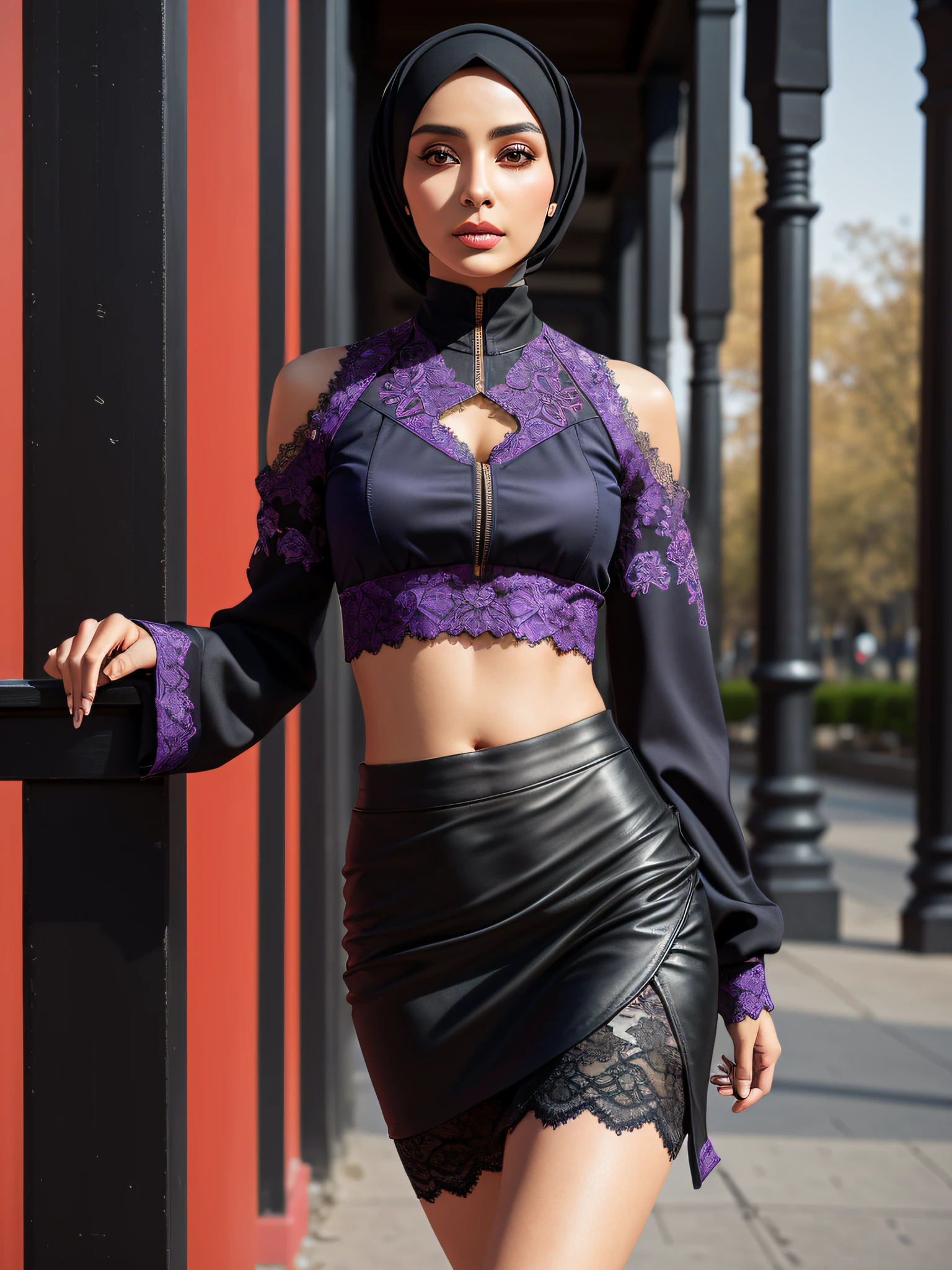 photorealistic ultra realistic 8 k, award winning photography of a beautiful ((Arabic woman) wearing (croptop)1.9)1.5 walking at the park, (fashion), (hijab), (miniskirt), (a nice long jacket), Bejeweled, cheekbones, detailed face, (exquisitely detailed skin, perfect anatomy, wide hips, smooth midriff, thigh gap), [black|purple|orange|blue|red:0.2], ([leather|silk|lace|cotton:0.25] fabric)