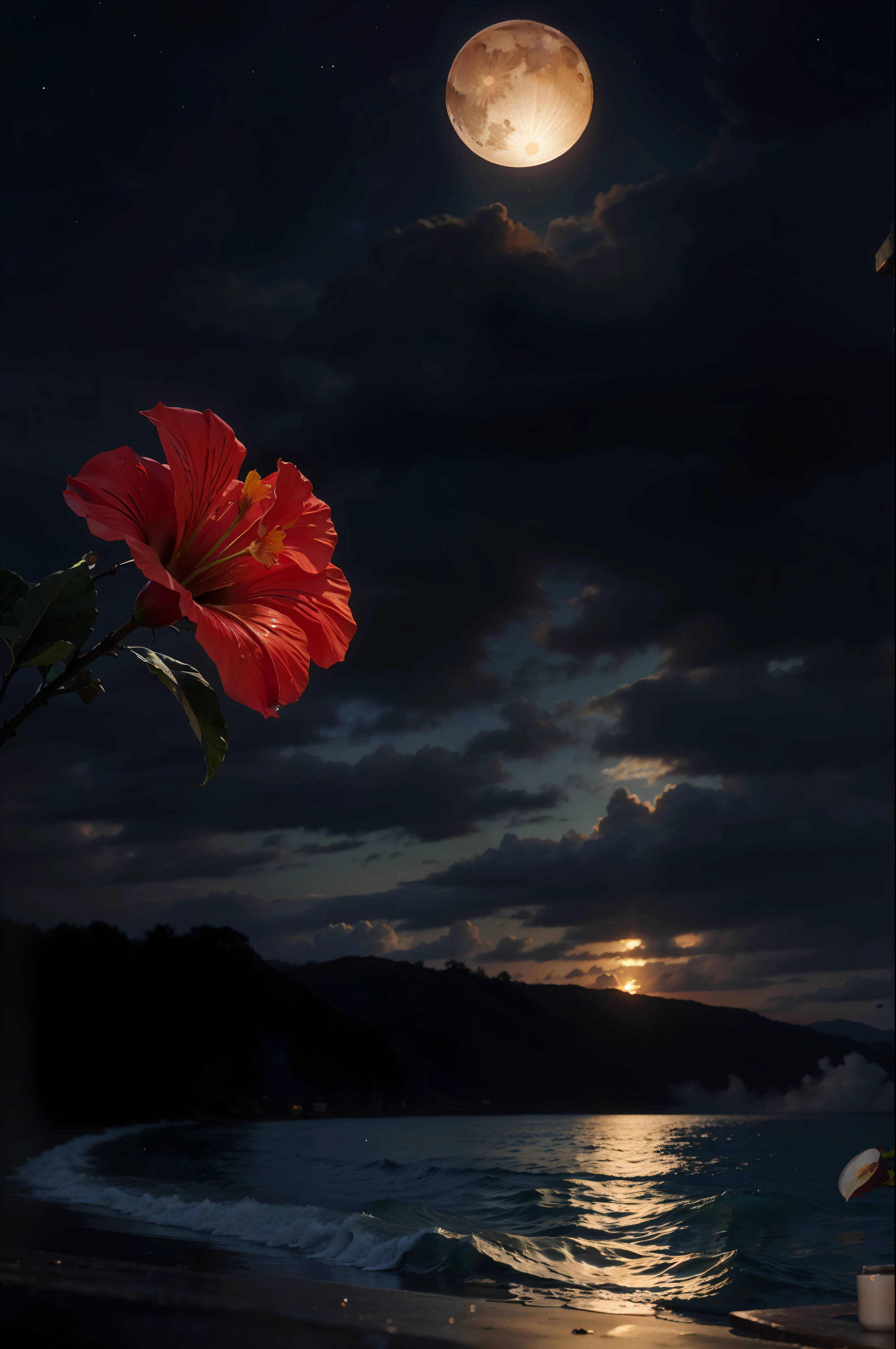 hibiscus Moon with water drops,neon glow, random background, sun rise, bokha mood