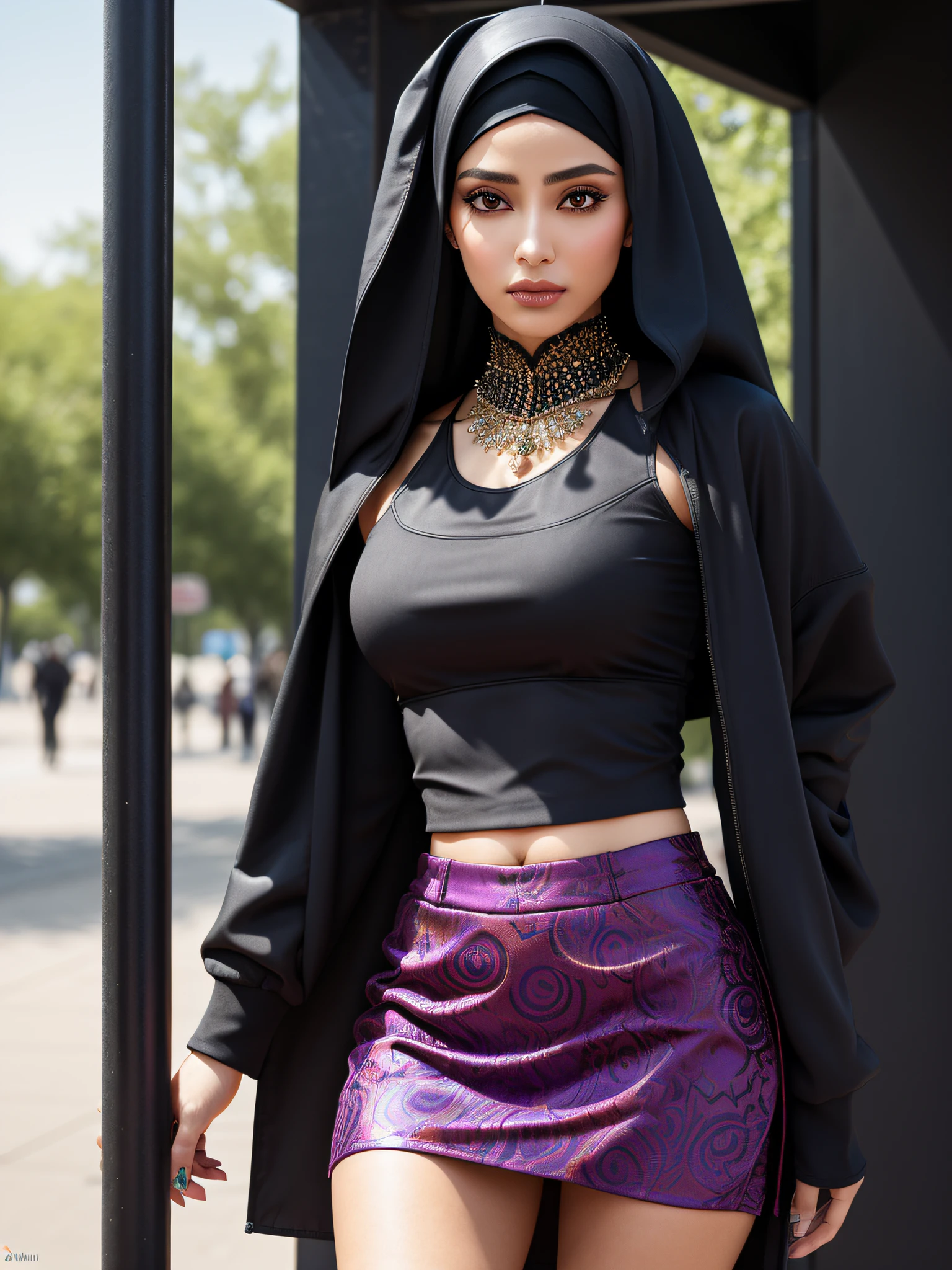 photorealistic ultra realistic 8 k, award winning photography of a beautiful ((Arabic woman) wearing (croptop)1.9)1.5 walking at the park, (fashion), (hijab), (miniskirt), (a nice long jacket), Bejeweled, cheekbones, detailed face, (exquisitely detailed skin, perfect anatomy, wide hips, smooth midriff, thigh gap), [black|purple|orange|blue|red:0.2], ([leather|silk|lace|cotton:0.25] fabric)