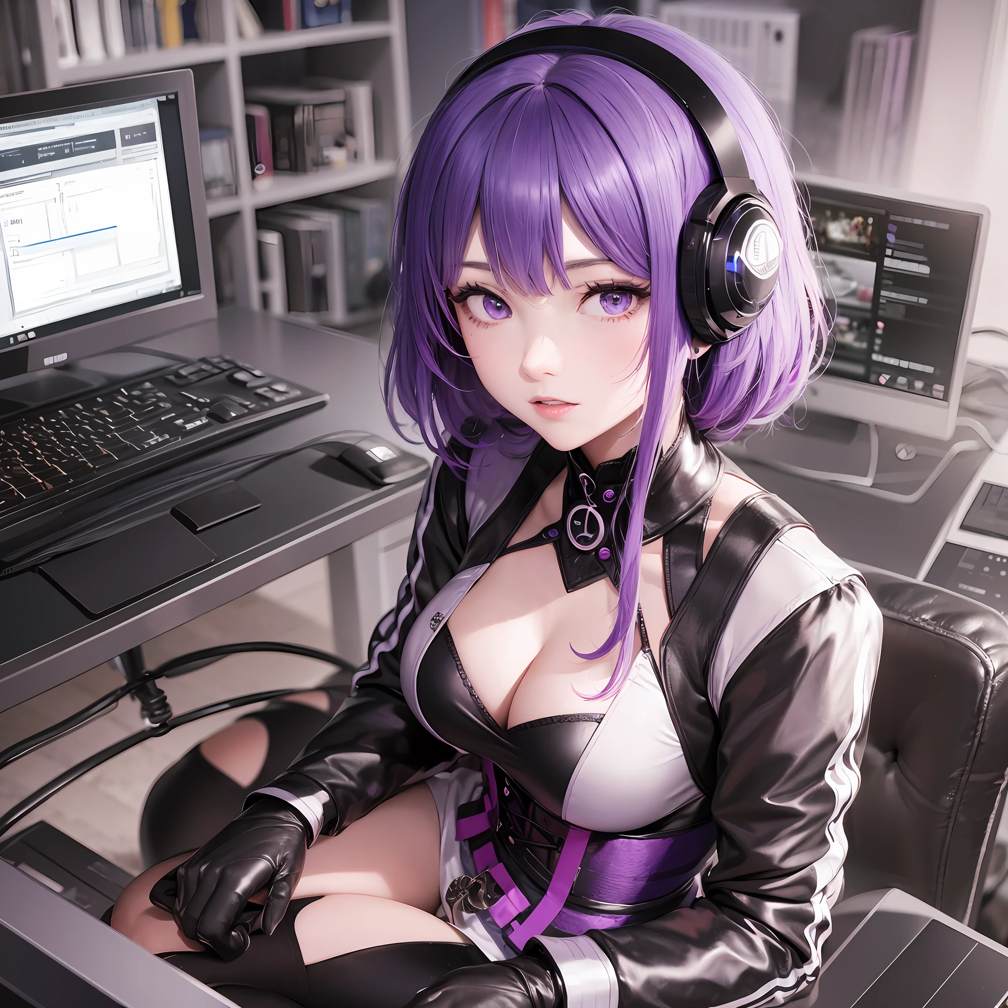 Esports girl, playing on the computer, 18 years old, short purple hair, corset, spicy library --auto --s2