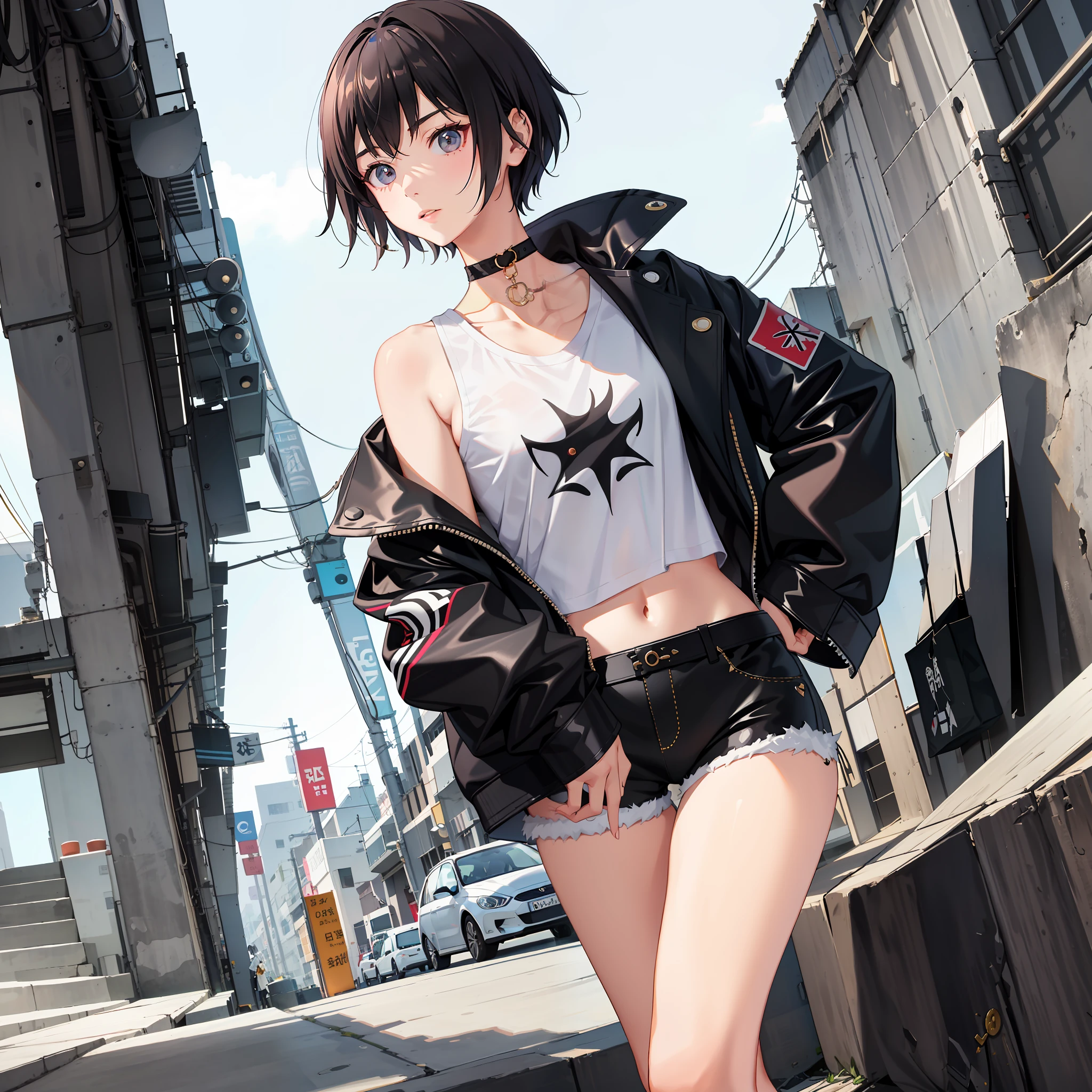 Asian girl, punk style, choker in the neck, tall and skinny, white short hair, mini short, using a top and a jacket, standing pose