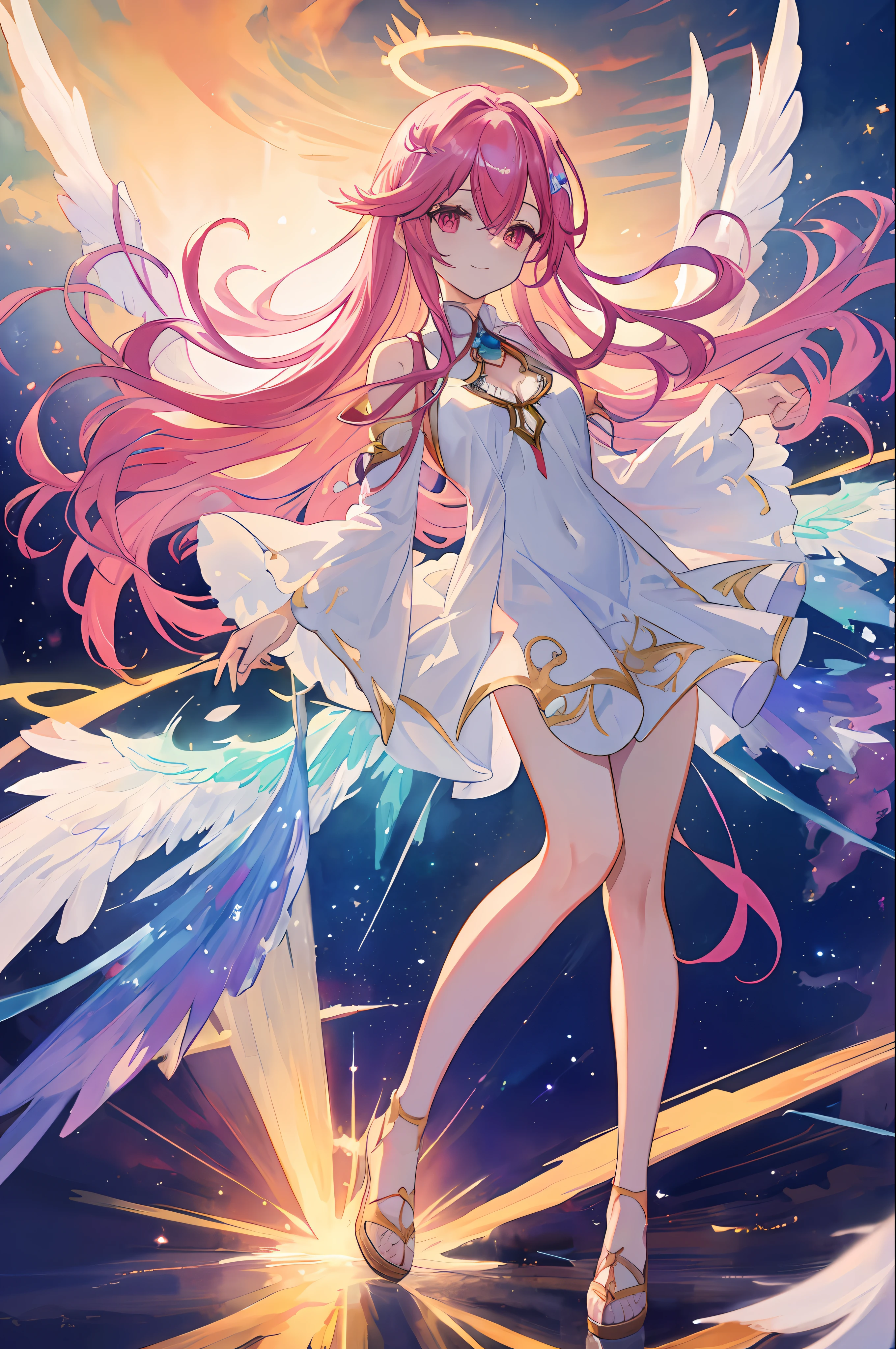 backgraound clear sky, shot front full body anime art of jibril Flügel from no game no life, wear cut out dress, (((looking at camera)), halo of light floating above his head, wings spread, face detailed, halo and wings detaialed, detailed art, soft colors, natural light, seen from front, uhd, highly detailed, centered, watercolor