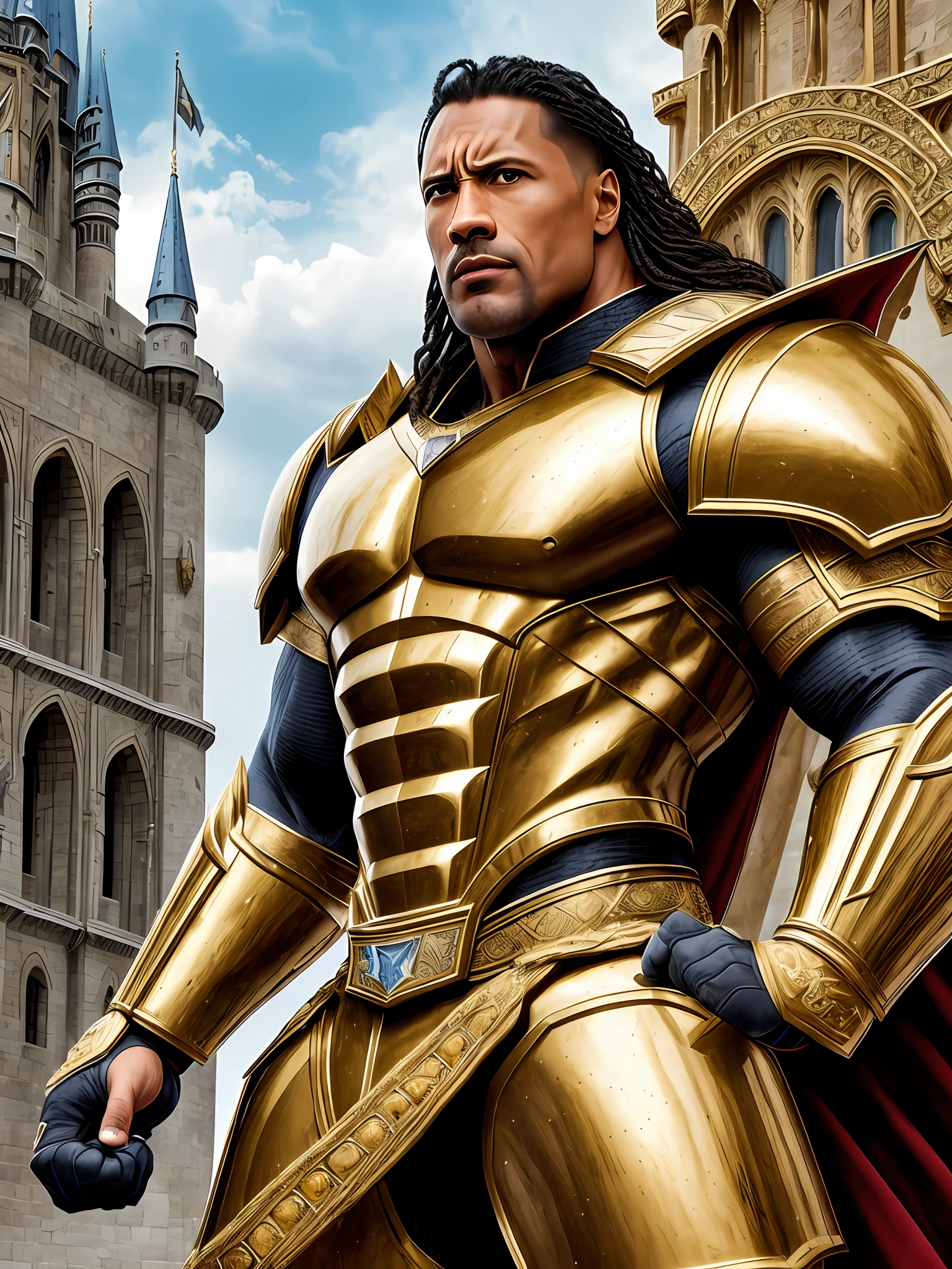Masterpiece Photography Ultra Realistic Description: Dwayne "The Rock" Johnson, the powerhouse actor and former professional wrestler, commands attention in this hyper-realistic 4K photograph. He defies expectations by wearing a magnificent, regal suit of armor adorned with gemstones, standing in the grandeur of an ancient castle courtyard. The fusion of his imposing armor and the timeless beauty of the castle creates a visually captivating composition. With his powerful physique and confident expression, he exudes a sense of strength and regality. The hyper-realistic portrayal captures the intricate details of the armor and the majestic ambiance of the castle, evoking a sense of heroic grandeur and legendary presence.