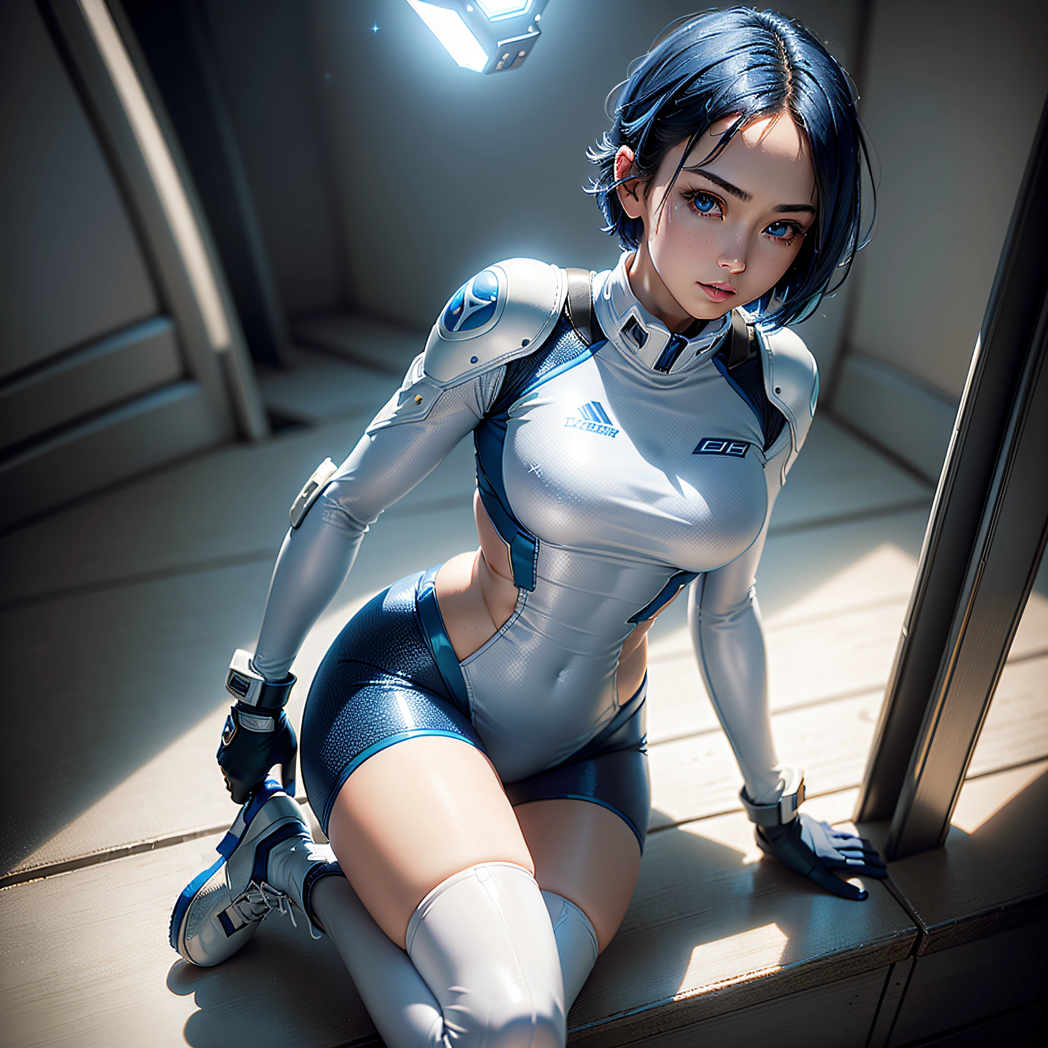 (Masterpiece, Best Quality, Best Resolution, Very Elaborate CG, Cinematic Lighting, Ray Tracing, Drop Shadows, Detail Detail, (Photorealistic), High Quality Textures, Realistic Look, Very Detailed, Sharp, High Quality, Leading Edge, Beautiful Rendering, Dramatic Pose, Detailed Shading): (Solo, Girl Alone, Japan face, short blue hair, cute girl face, short, small size breasts, sparkly blue eyes, eye level shots, pilot suit in white and blue color, tight fit clothes, clothes covering the whole body, beautiful, slim body, heroine, long boots, gloves, supine, open legs)
