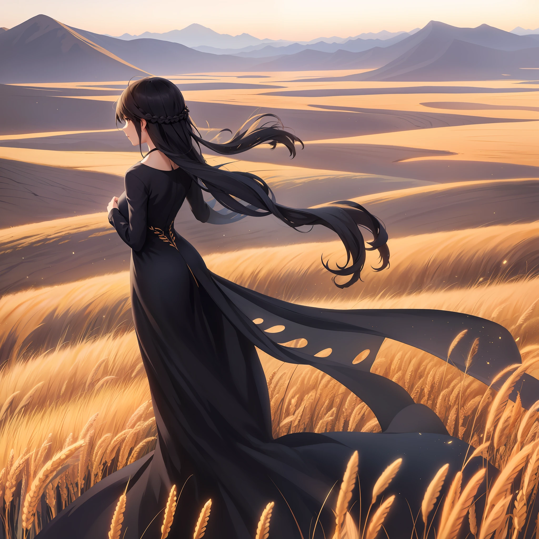 Landscape, Makoto Shinkai Art, A Girl, Long Black Dress, Tassels, Curly Hair Flying, Particles, Masterpiece, Mountains of Wheat, View from the Back, Vista