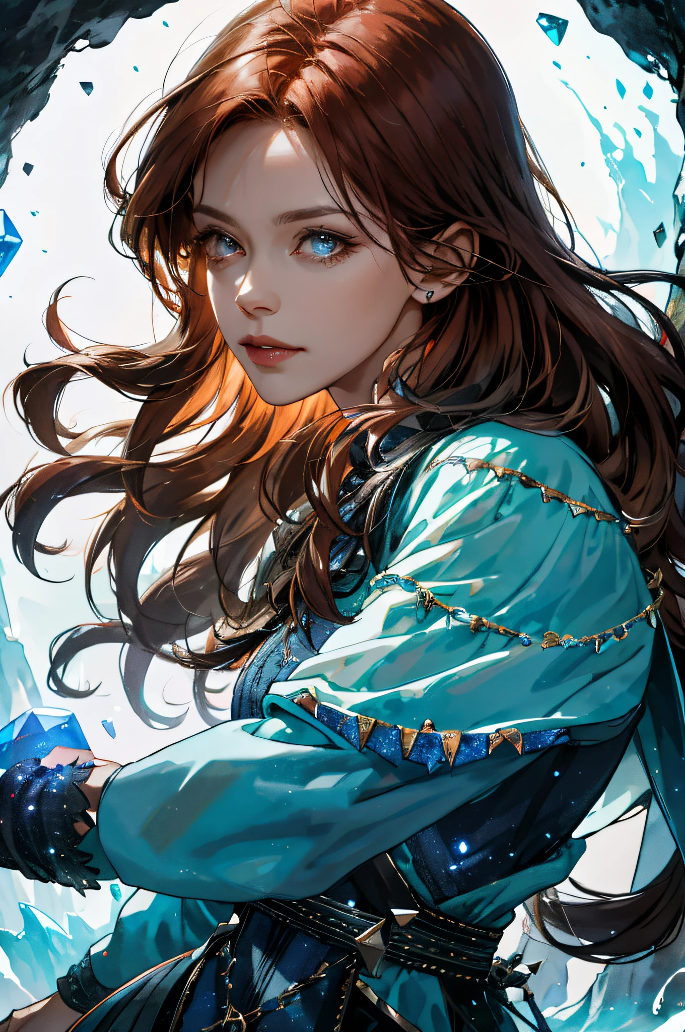 (absurdres, highres, ultra detailed), 1woman, mature female, aged up, wavy long hair, auburn hair, coral eyes, bangs, long sleeves, finely detailed eyes and detailed face, extremely detailed CG unity 8k wallpaper, intricate details, (style-swirlmagic:1.0), looking at viewer, solo, upper body, detailed background, close up, detailed face, (gothic dark ages theme:1.1), crystal sorcerer, dynamic pose, earth themed clothes, crystal crown, floating in the air, glowing magical shards, surrounded by blue magical crystals, rock formations, stalactites, magical floating particles, crystal glass, crystal sphere, crystal canyon background, (shallow water:0.7), epic ethereal atmosphere, updraft,, portrait