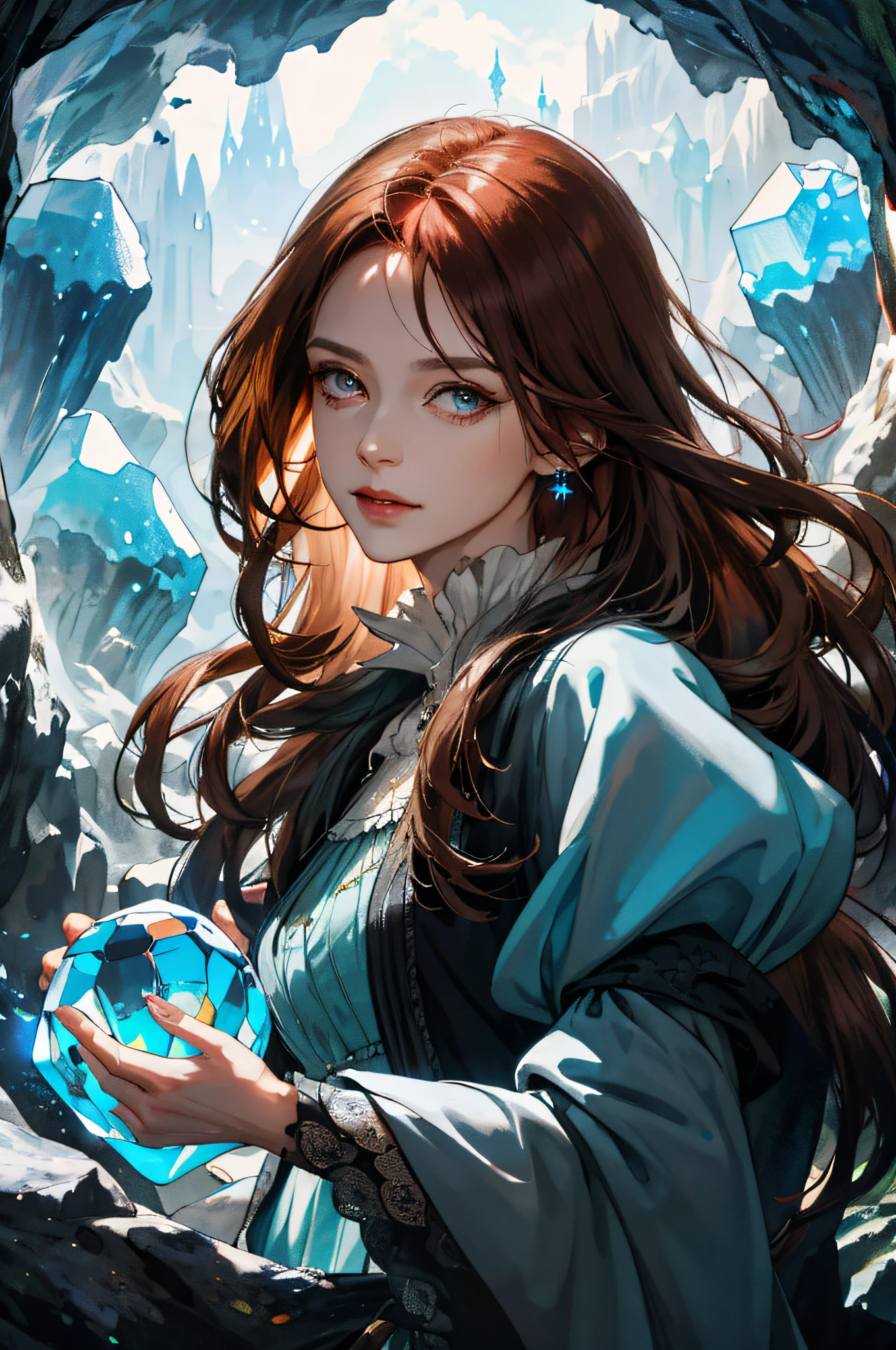 (absurdres, highres, ultra detailed), 1woman, mature female, aged up, wavy long hair, auburn hair, coral eyes, bangs, long sleeves, finely detailed eyes and detailed face, extremely detailed CG unity 8k wallpaper, intricate details, (style-swirlmagic:1.0), looking at viewer, solo, upper body, detailed background, close up, detailed face, (gothic dark ages theme:1.1), crystal sorcerer, dynamic pose, earth themed clothes, crystal crown, floating in the air, glowing magical shards, surrounded by blue magical crystals, rock formations, stalactites, magical floating particles, crystal glass, crystal sphere, crystal canyon background, (shallow water:0.7), epic ethereal atmosphere, updraft,, portrait
