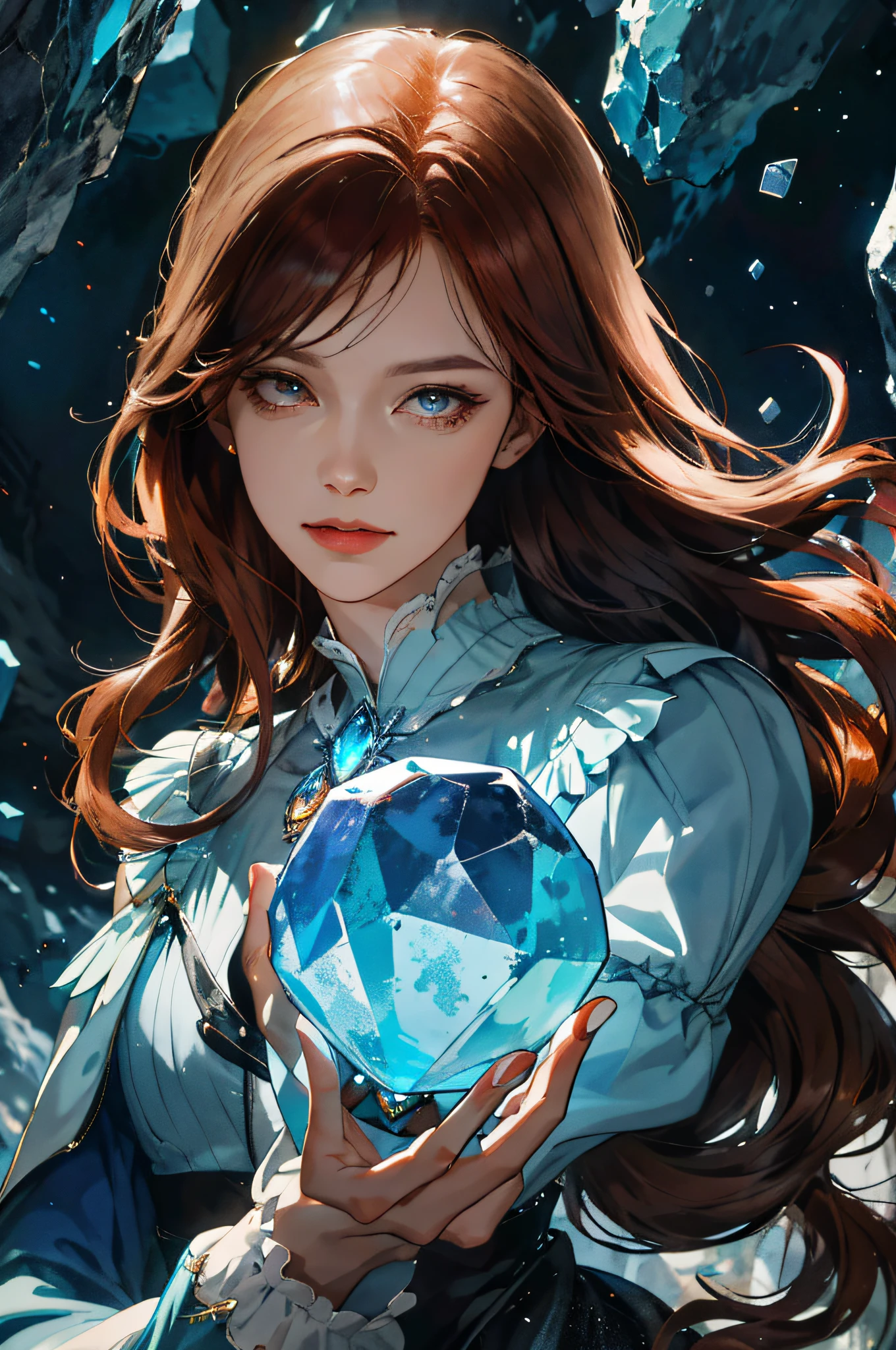 (absurdres, highres, ultra detailed), 1woman, mature female, aged up, wavy long hair, auburn hair, coral eyes, bangs, long sleeves, finely detailed eyes and detailed face, extremely detailed CG unity 8k wallpaper, intricate details, (style-swirlmagic:1.0), looking at viewer, solo, upper body, detailed background, close up, detailed face, (gothic dark ages theme:1.1), crystal sorcerer, dynamic pose, earth themed clothes, crystal crown, floating in the air, glowing magical shards, surrounded by blue magical crystals, rock formations, stalactites, magical floating particles, crystal glass, crystal sphere, crystal canyon background, (shallow water:0.7), epic ethereal atmosphere, updraft,, portrait