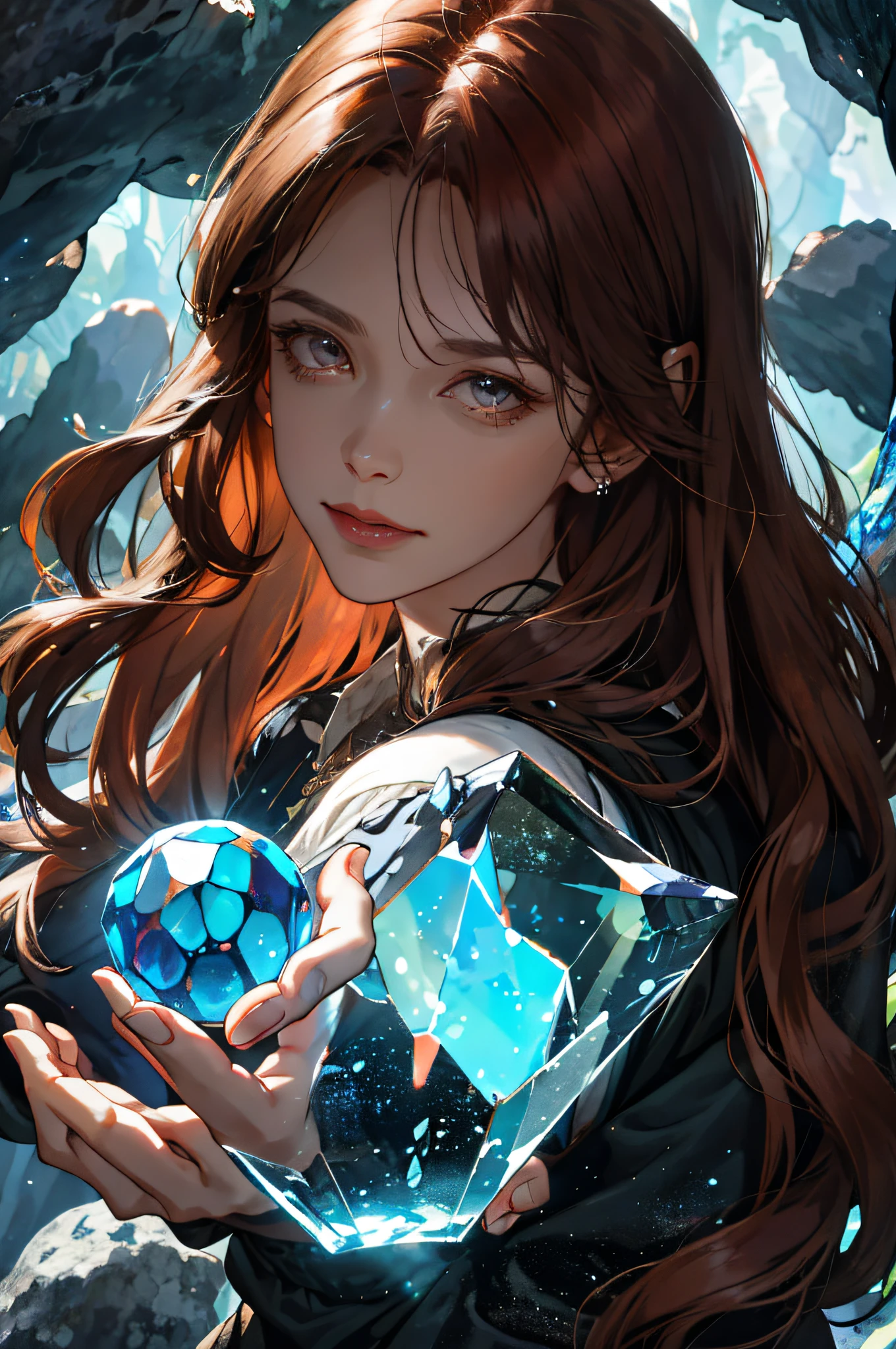 (absurdres, highres, ultra detailed), 1woman, mature female, aged up, wavy long hair, auburn hair, coral eyes, bangs, long sleeves, finely detailed eyes and detailed face, extremely detailed CG unity 8k wallpaper, intricate details, (style-swirlmagic:1.0),  looking at viewer, solo, upper body, detailed background, close up,  detailed face, (gothic dark ages theme:1.1), crystal sorcerer,  dynamic pose, earth themed clothes, crystal crown,  floating in the air, glowing magical shards, surrounded by blue magical crystals,  rock formations, stalactites,  magical floating particles, crystal glass,  crystal sphere, crystal canyon background, (shallow water:0.7),  epic ethereal atmosphere,   updraft,, portrait