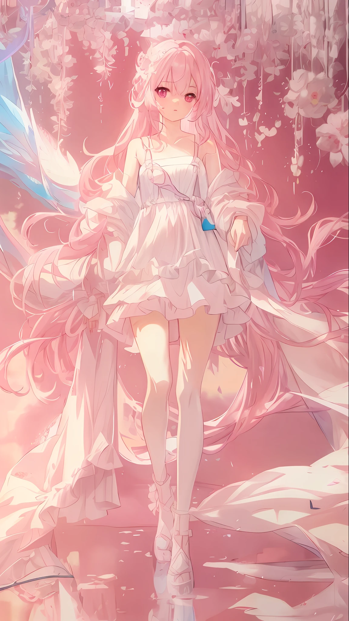 Anime girl in white dress, cute loli, flowing magic robe and white robe, pink long hair and white dress, clean, detailed, beautiful anime artwork, vivid, realistic, intoxicating CG art, digital art, art on guweiz and pixiv, fantasy fantasy anime, the protagonist of the picture is a cute anime loli in white.