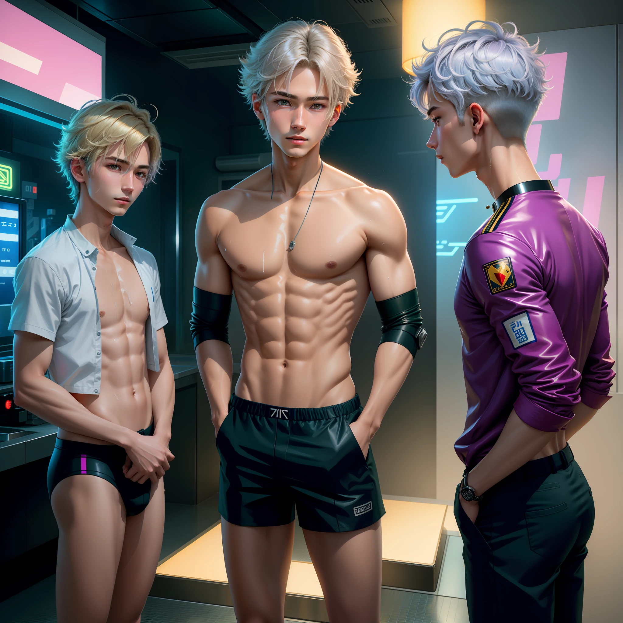 2 Japanese 15-year-old boys, "Against the backdrop of the neon lights of the Golden Age, futuristic, this tip has a surrealistic style and a dreamy atmosphere. The scene depicts a young man with silver hair, short wavy lilac hair, fair skin, brown skin, deep eyes and a high nose taking a shower. Close-up above waist, boys stroking each other,