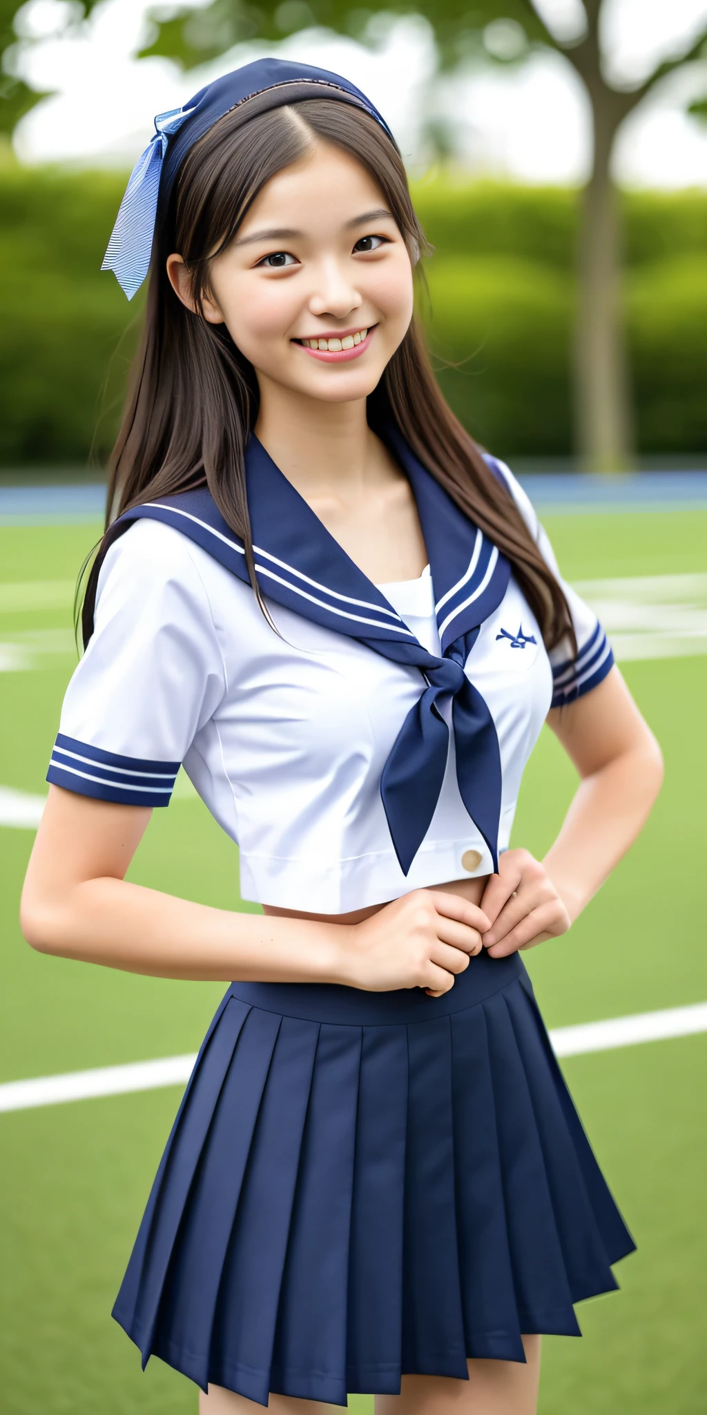 neat college girl, (school uniform, sailor uniform, ribbon tied at chest, summer uniform, upper body white, skirt is navy blue), outside the athletic field, (slim), photorealistic, detail, skin texture, ultra detail, delicate and sexy collarbone, smile, super detailed face, detailed lips, detailed eyes, double eyelids, small breasts, small breasts, small, flat breasts, breast emphasis