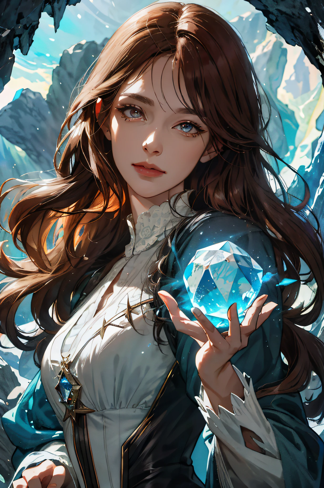 (absurdres, highres, ultra detailed), 1woman, mature female, aged up, wavy long hair, auburn hair, coral eyes, bangs, long sleeves, finely detailed eyes and detailed face, extremely detailed CG unity 8k wallpaper, intricate details, (style-swirlmagic:1.0),  looking at viewer, solo, upper body, detailed background, close up,  detailed face, (gothic dark ages theme:1.1), crystal sorcerer,  dynamic pose, earth themed clothes, crystal crown,  floating in the air, glowing magical shards, surrounded by blue magical crystals,  rock formations, stalactites,  magical floating particles, crystal glass,  crystal sphere, crystal canyon background, (shallow water:0.7),  epic ethereal atmosphere,   updraft,, portrait