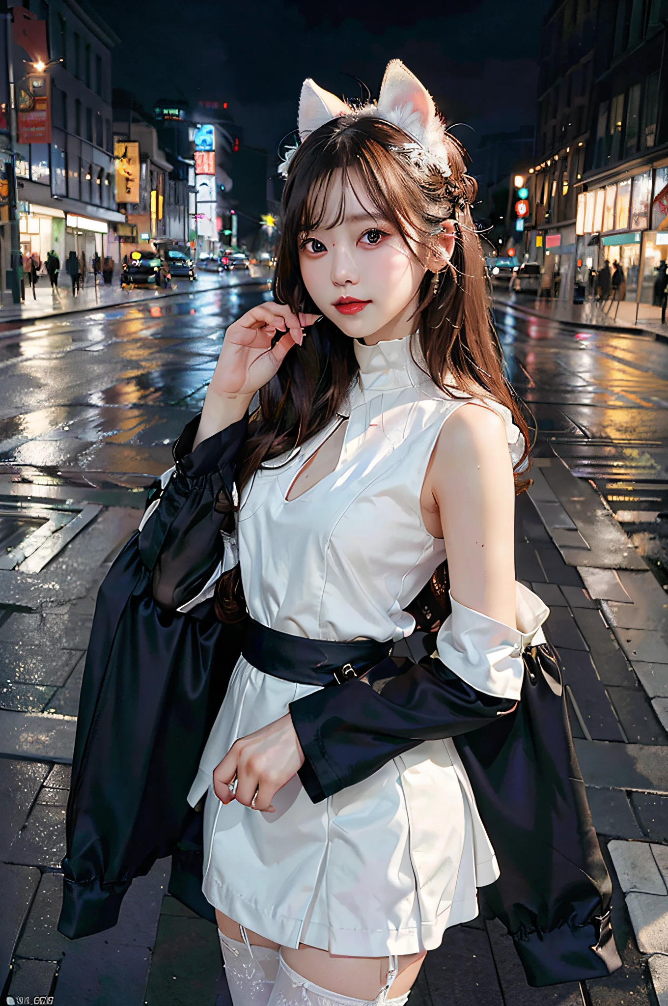 (8k, RAW photo, best quality, master:1.4), ultra high res, (realistic, photo-realistic:1.48),omertosa,1girl,(Kpop idol), (aegyo sal:1), cute, (super bokeh night city center:1.25), bokeh, night, traffic lights, road signs, rain, after rain, wet, professional lighting, detail lighting, photon mapping, radiosity, physically based rendering, white pantyhose bloom, backlighting, depth of field , natural light, hard focus, film grain, one meter shooting distance, professional shot, shot with sony a9 II mirrorless camera, detailed eyes, realistic eyes, detailed shadows, looking at viewer, dog ears, detailed lighting, dress , black dress, long legs, black stockings, (detailed hair, realistic hair, realistic lighting, realistic shadows, realistic clothing), realistic skin, (gun on waist: 1), from above Realistic light reflection, ((back arm)), (back hands) tube top sexy night wet rain white stockings