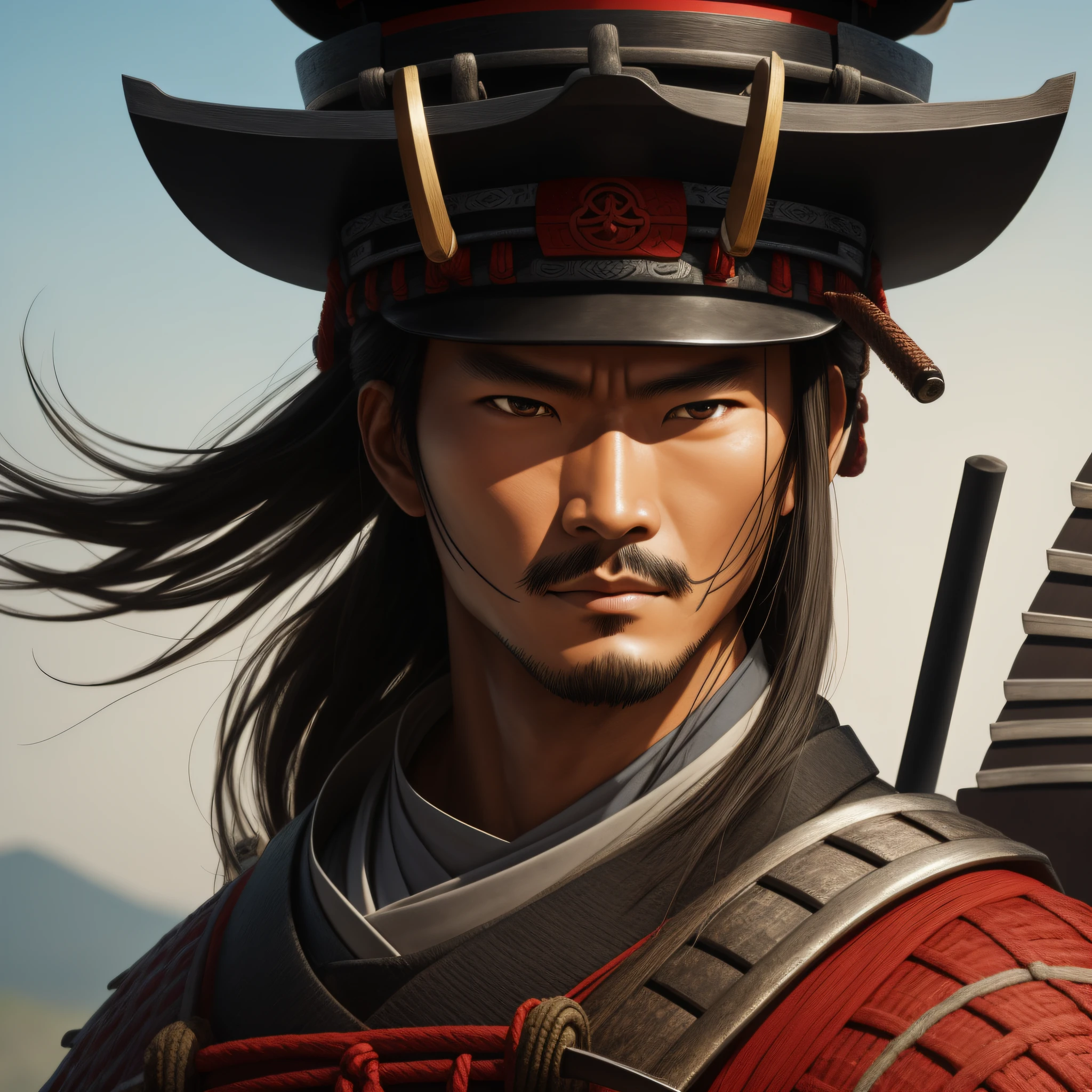Close-up of a samurai looking at the camera from the front